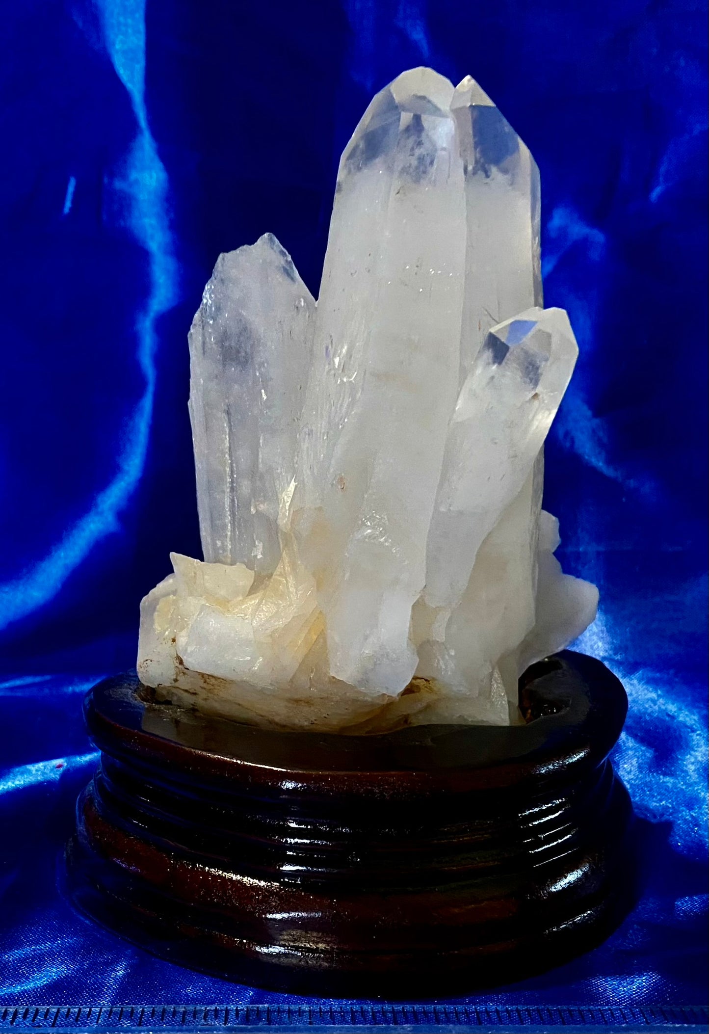 Clear Quartz Tower Cluster with Custom-carved Wooden Stand