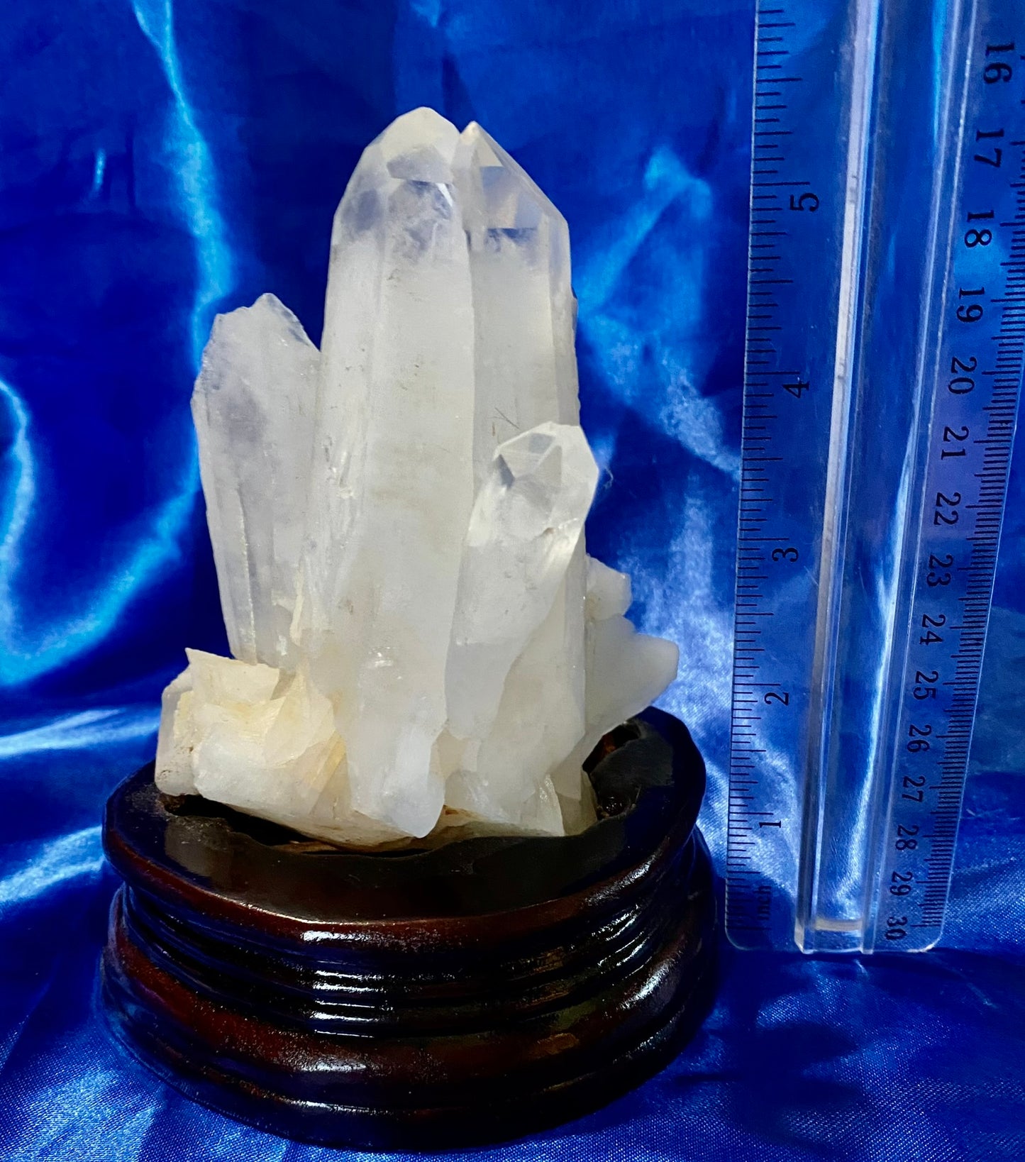 Clear Quartz Tower Cluster with Custom-carved Wooden Stand