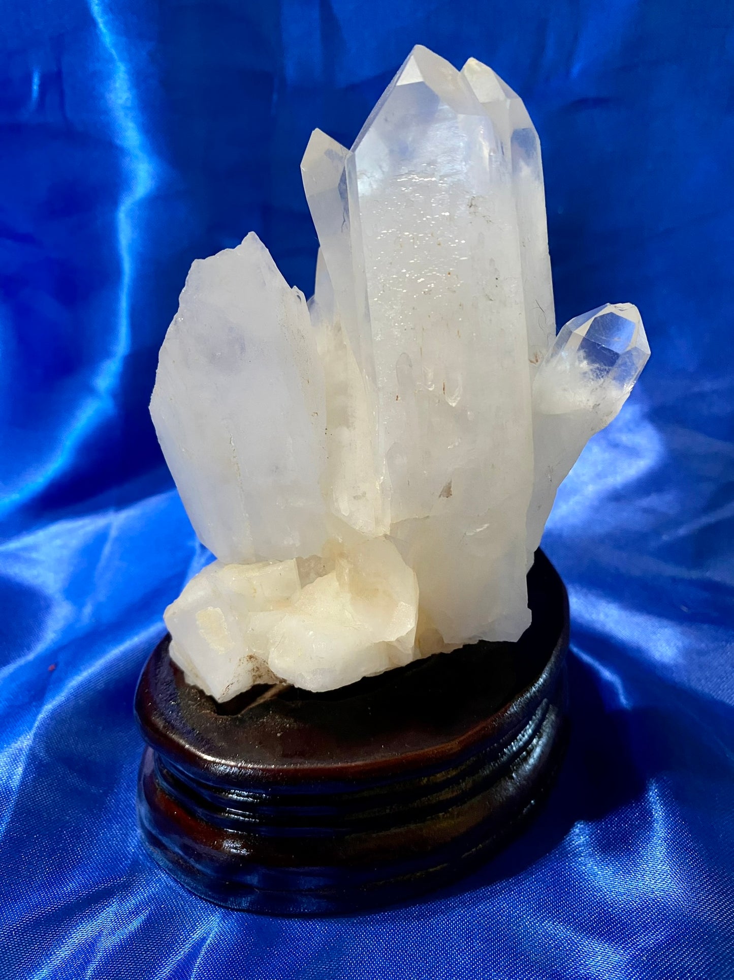 Clear Quartz Tower Cluster with Custom-carved Wooden Stand