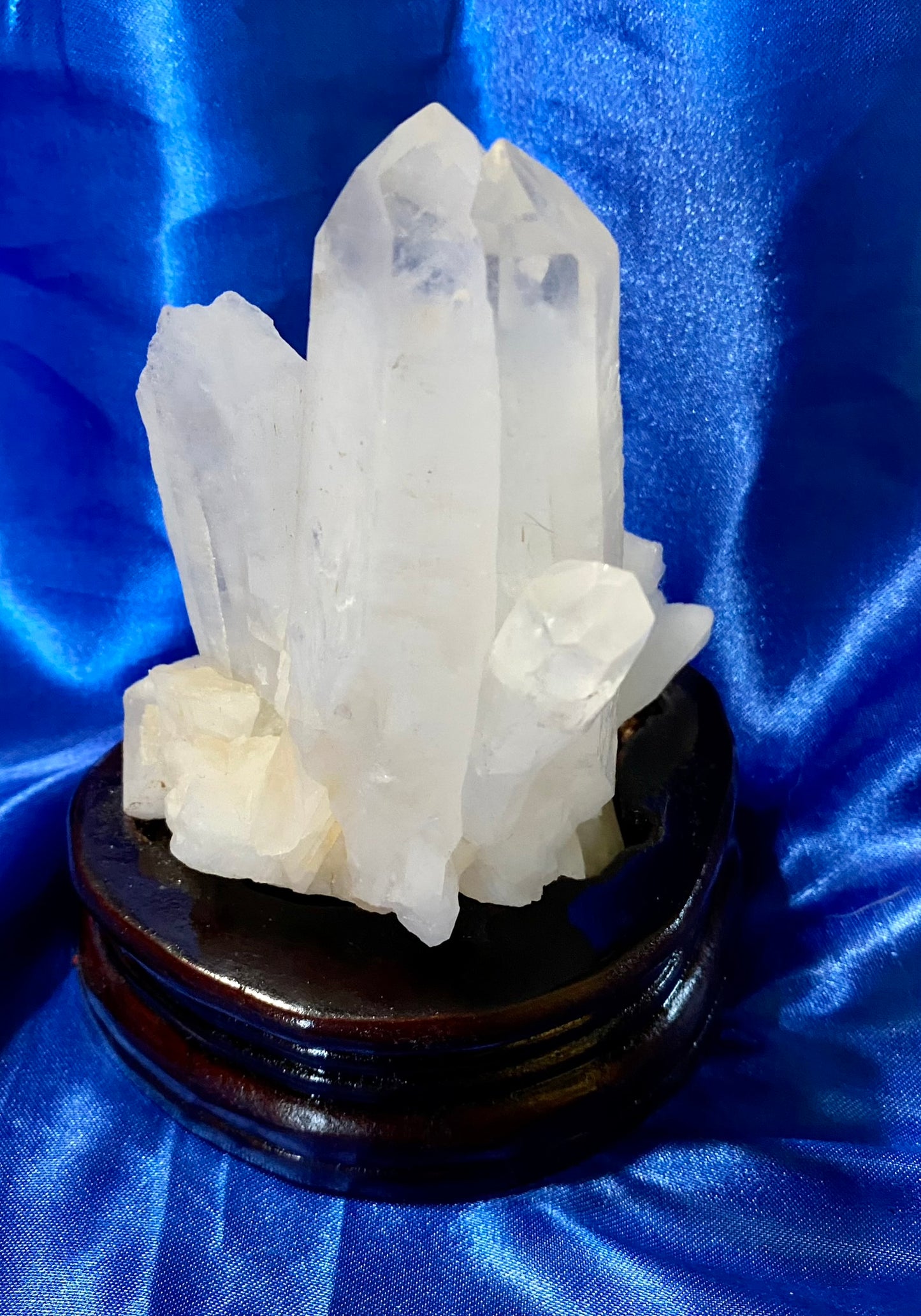 Clear Quartz Tower Cluster with Custom-carved Wooden Stand