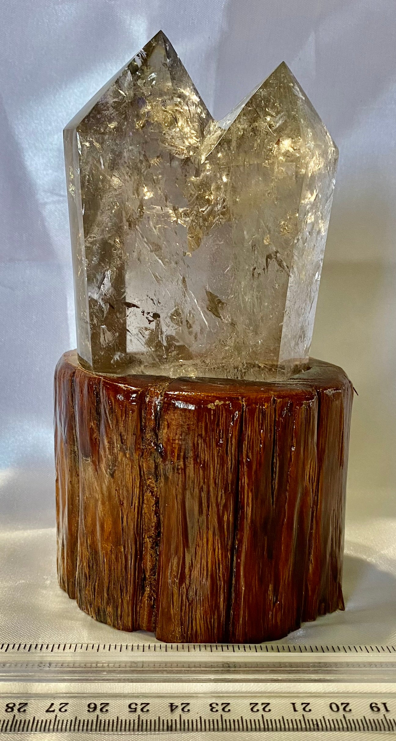 Smoky Quartz Cluster or Double Tower with Custom-Carved Wooden Stand