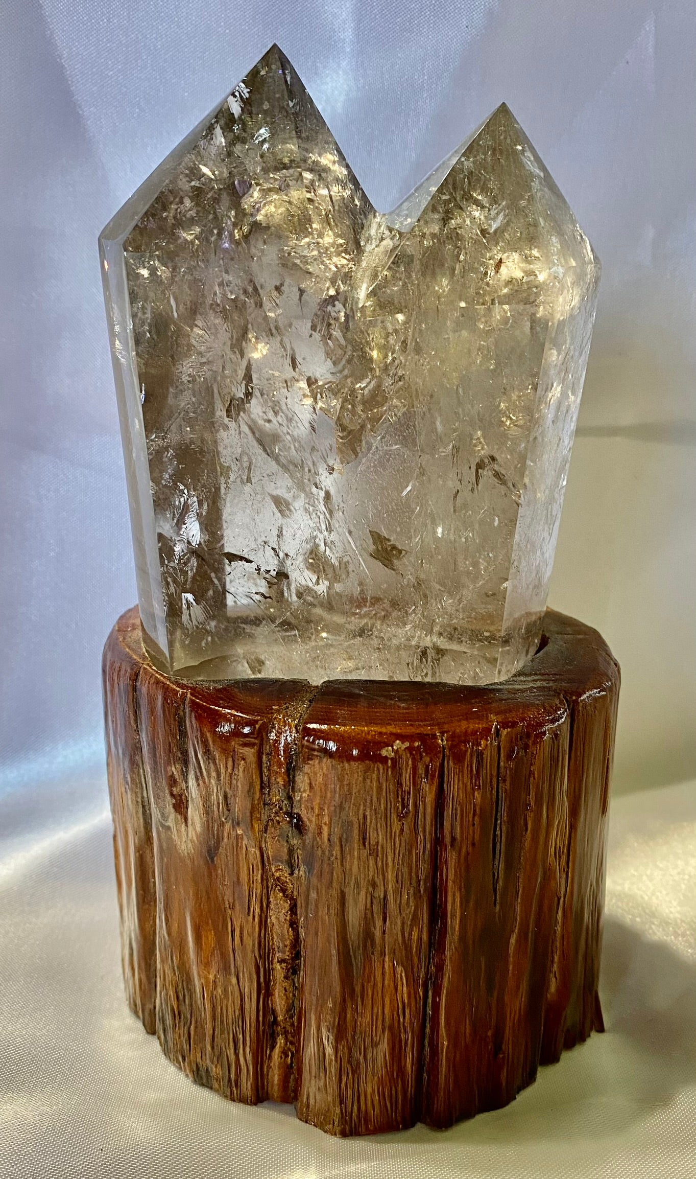 Smoky Quartz Cluster or Double Tower with Custom-Carved Wooden Stand