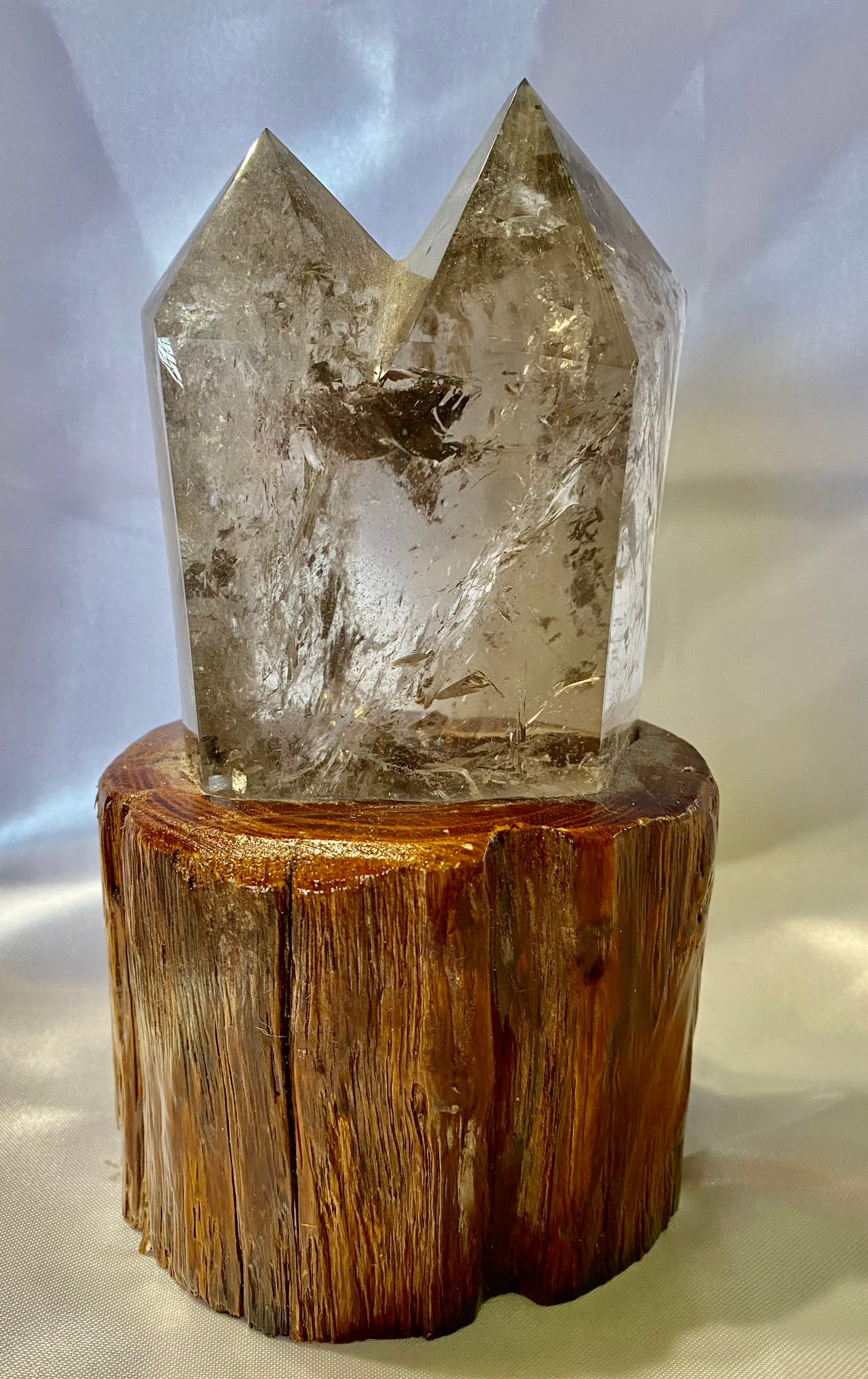 Smoky Quartz Cluster or Double Tower with Custom-Carved Wooden Stand