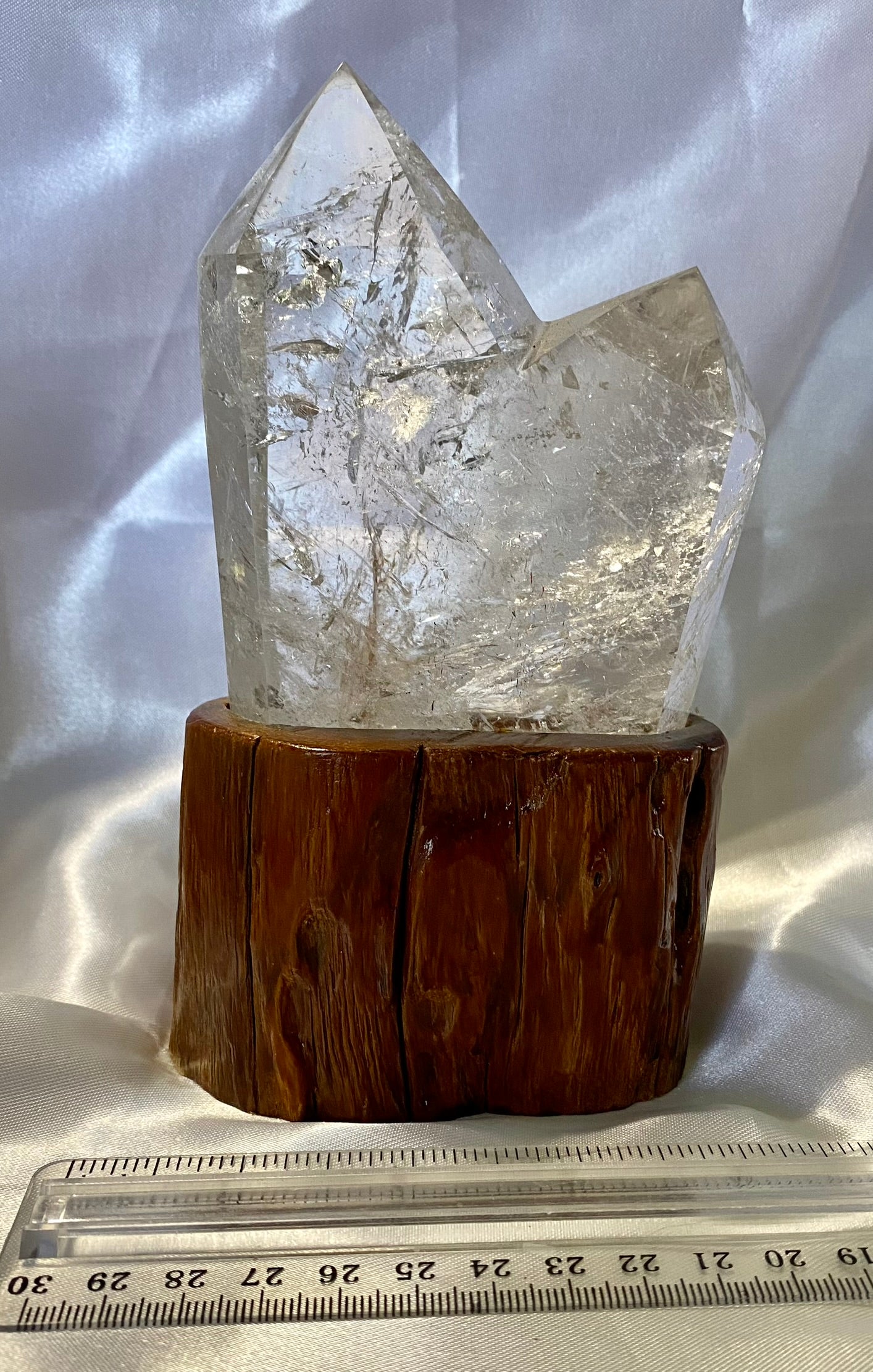 Clear Quartz Cluster or Double Tower with Custom-Carved Wooden Stand