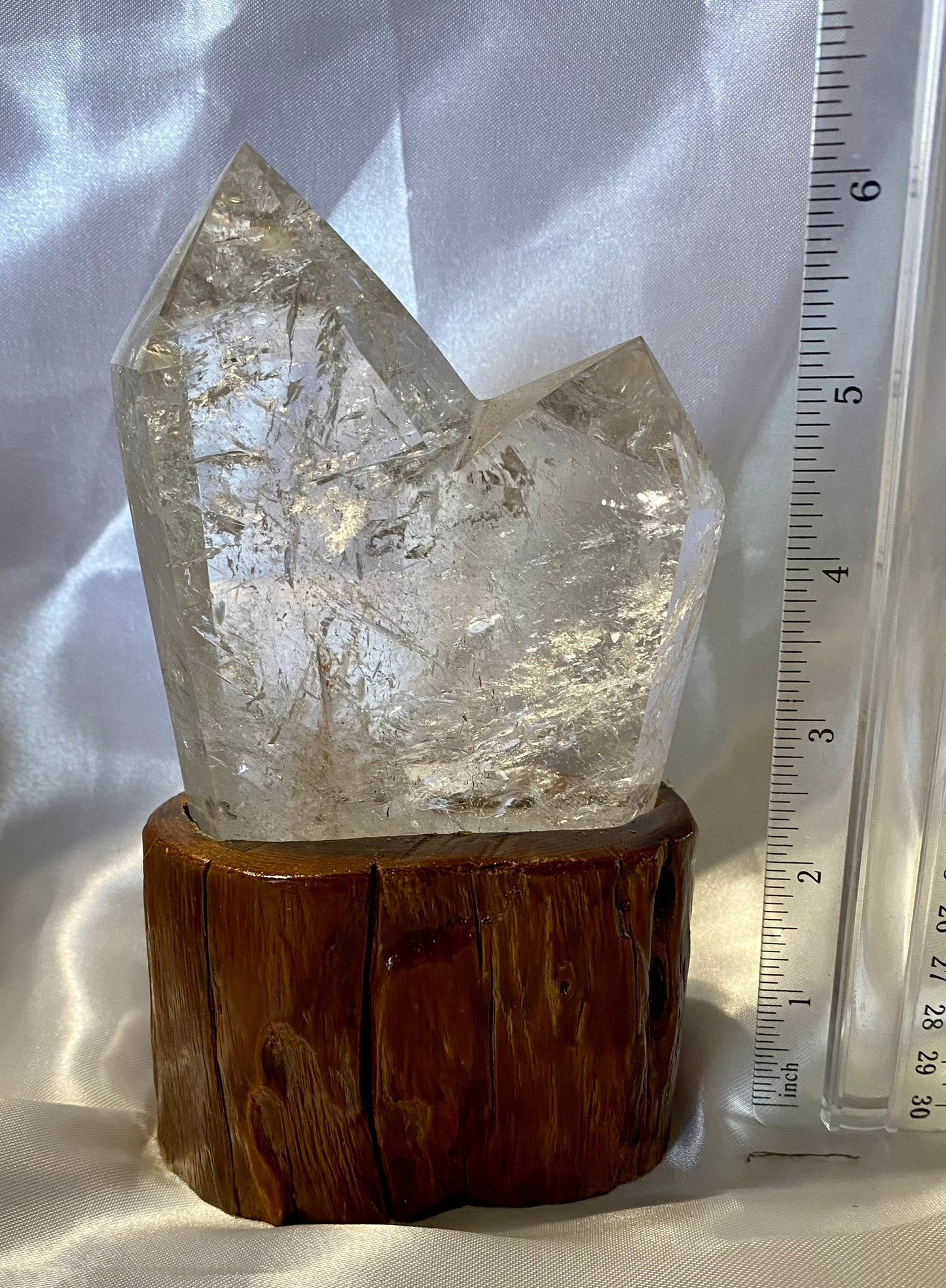 Clear Quartz Cluster or Double Tower with Custom-Carved Wooden Stand