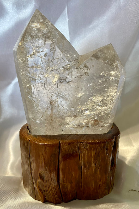 Clear Quartz Cluster or Double Tower with Custom-Carved Wooden Stand