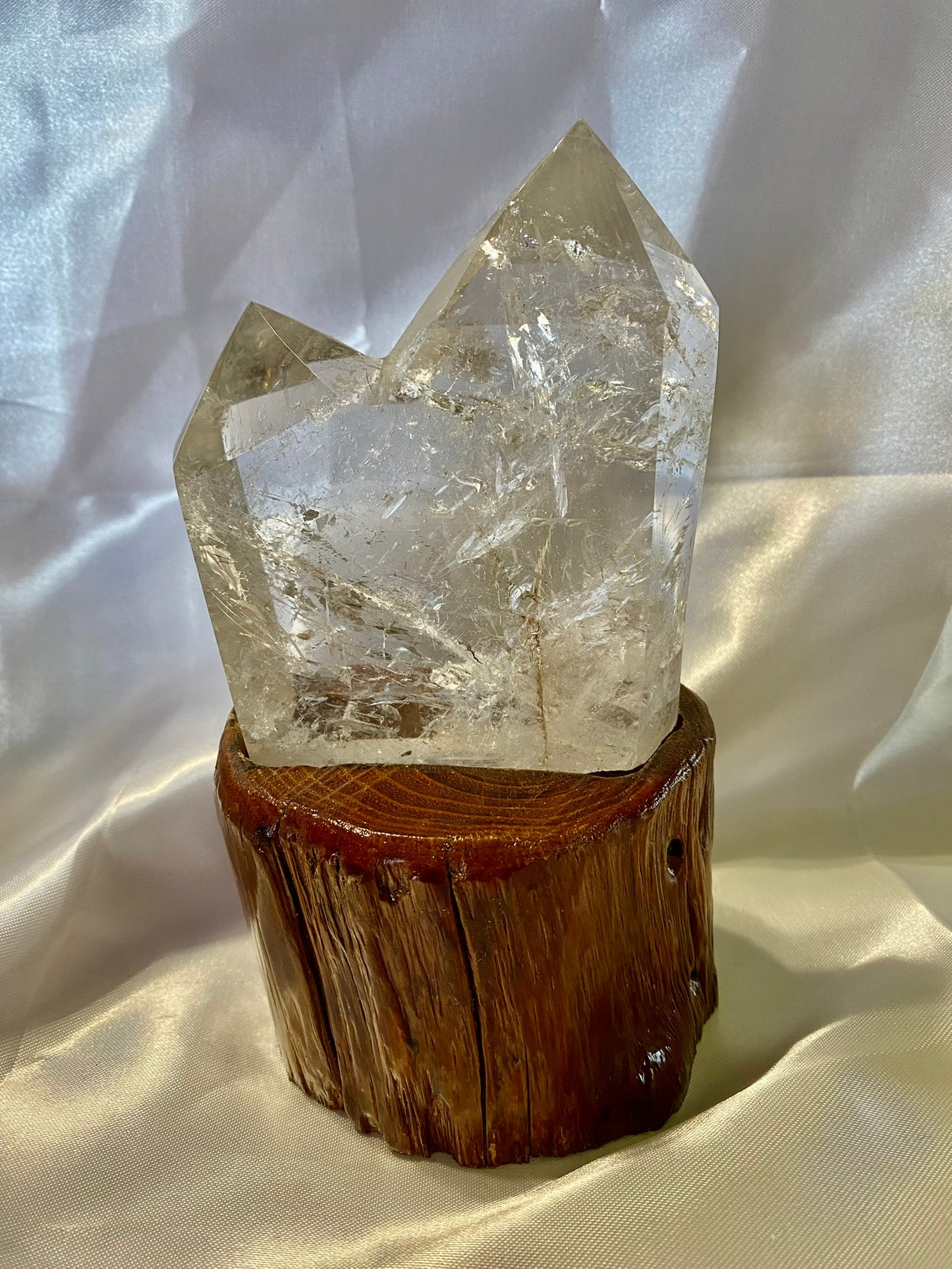 Clear Quartz Cluster or Double Tower with Custom-Carved Wooden Stand