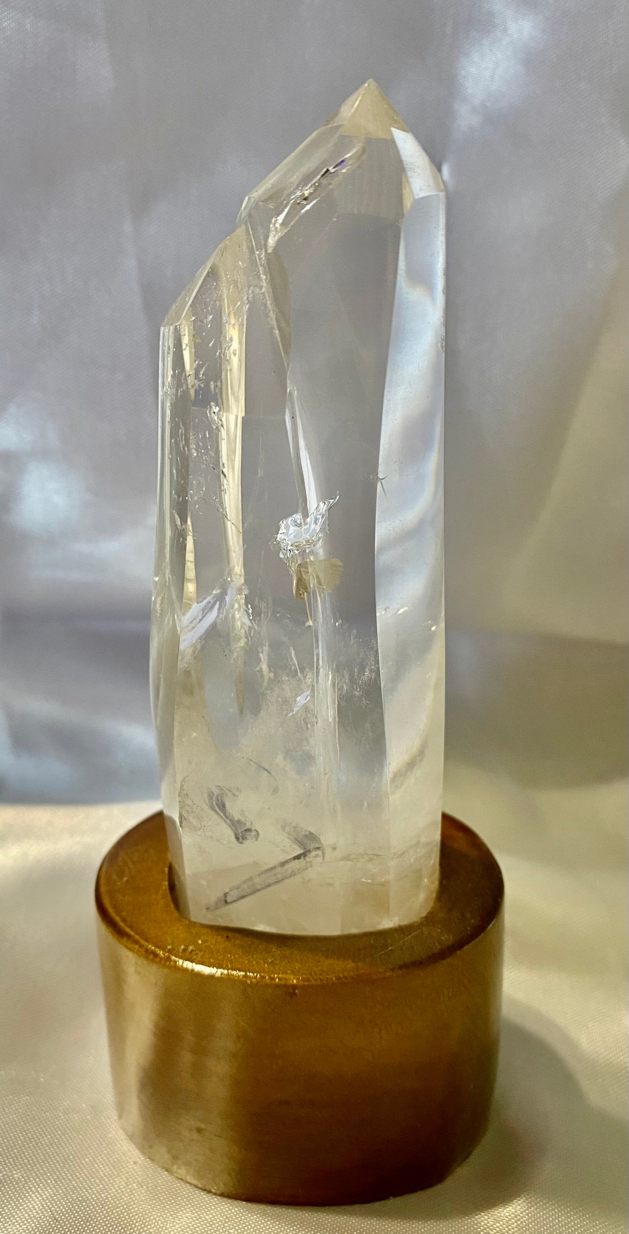 Clear Quartz Cluster or Multipoint Tower with Custom-Carved Wooden Stand