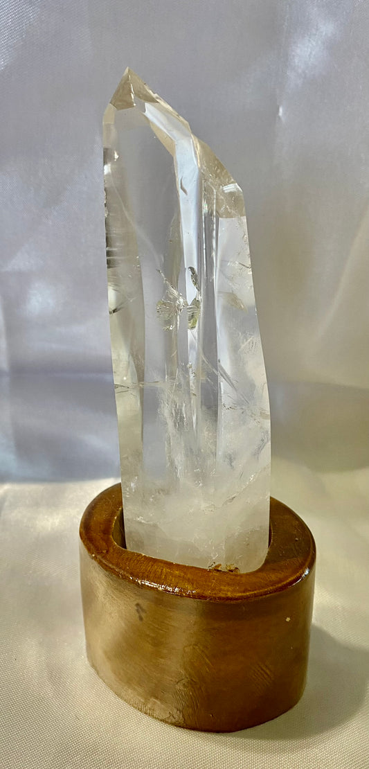 Clear Quartz Cluster or Multipoint Tower with Custom-Carved Wooden Stand