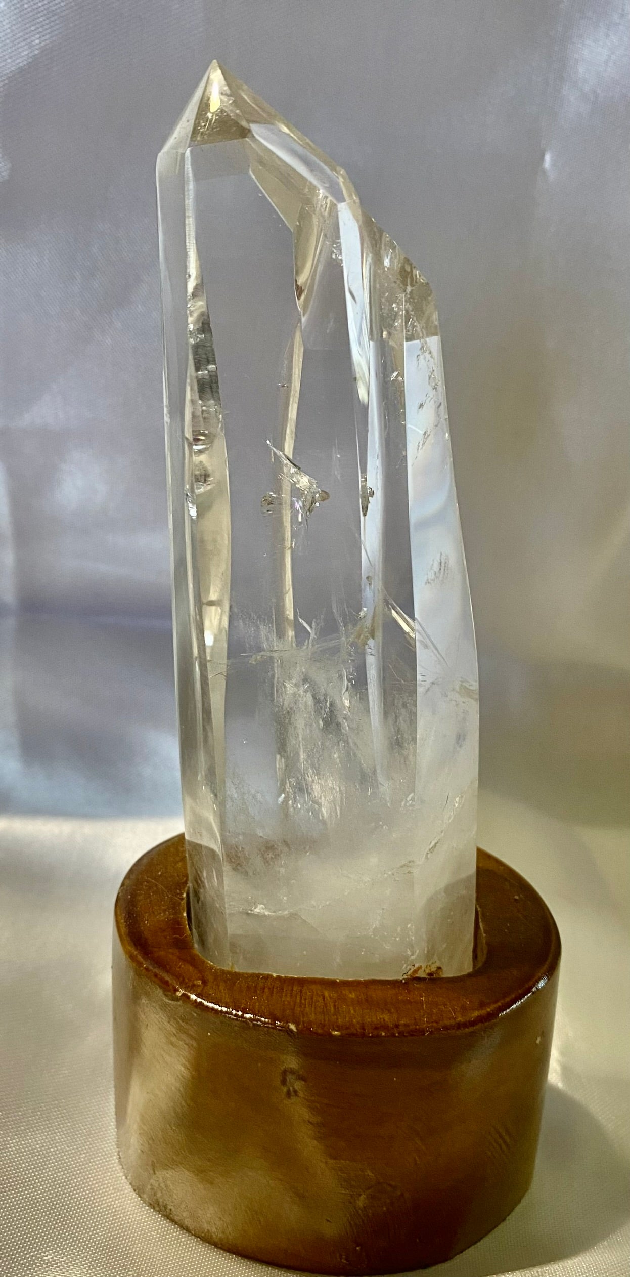 Clear Quartz Cluster or Multipoint Tower with Custom-Carved Wooden Stand