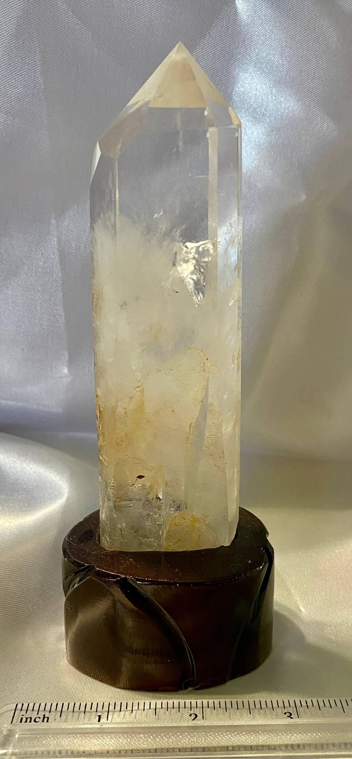 Clear Quartz Tower with Custom-Carved Wooden Stand