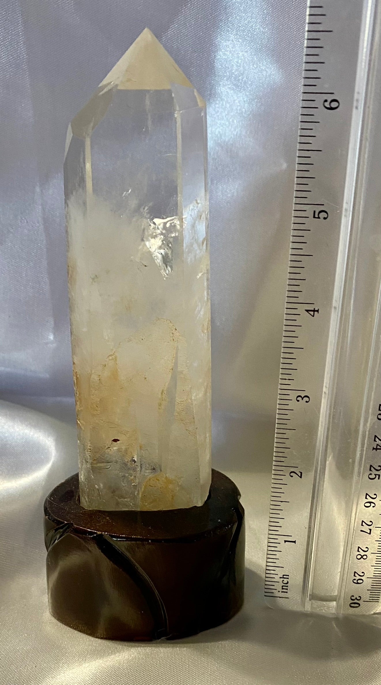 Clear Quartz Tower with Custom-Carved Wooden Stand