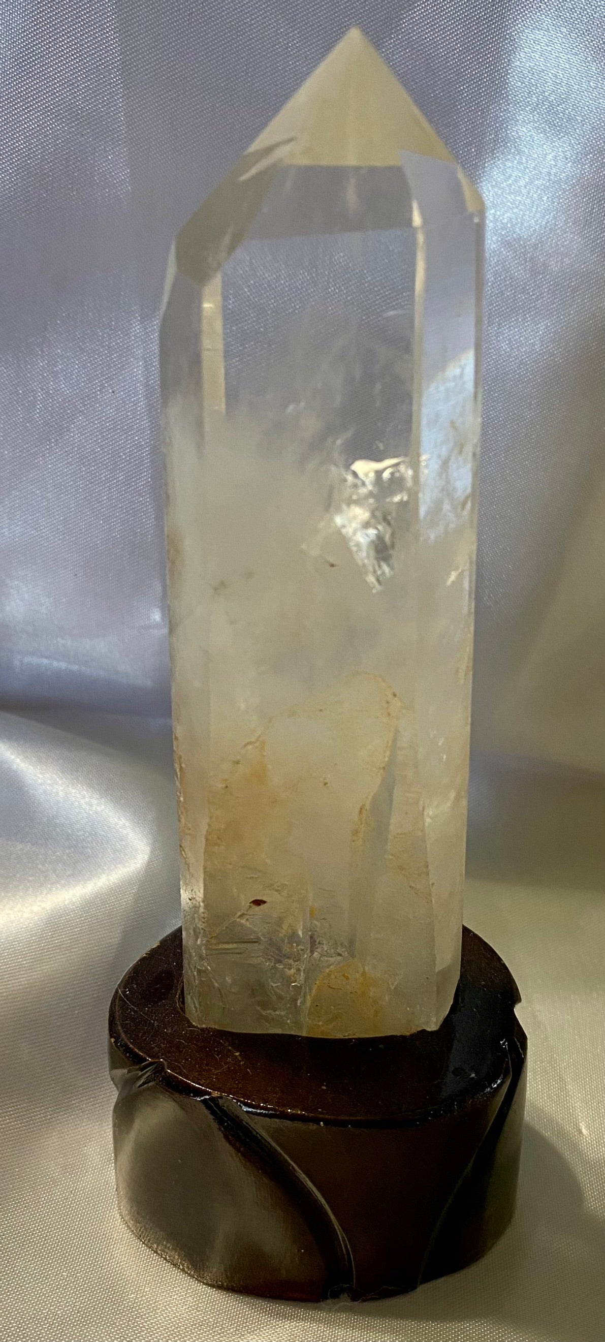 Clear Quartz Tower with Custom-Carved Wooden Stand