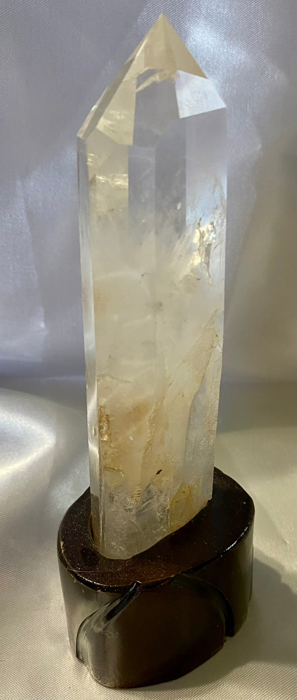 Clear Quartz Tower with Custom-Carved Wooden Stand