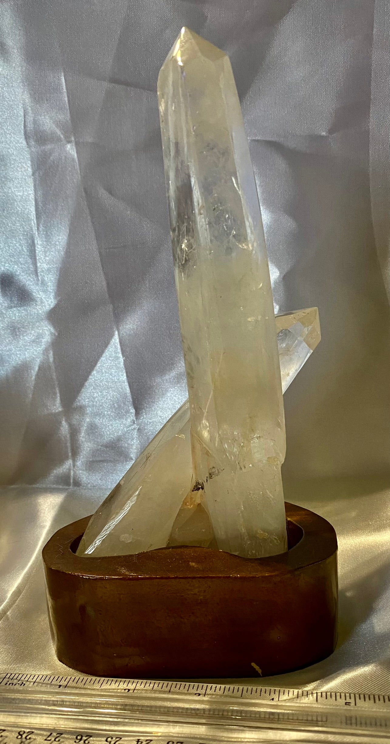 Clear Quartz Cluster with Custom-Carved Wooden Stand