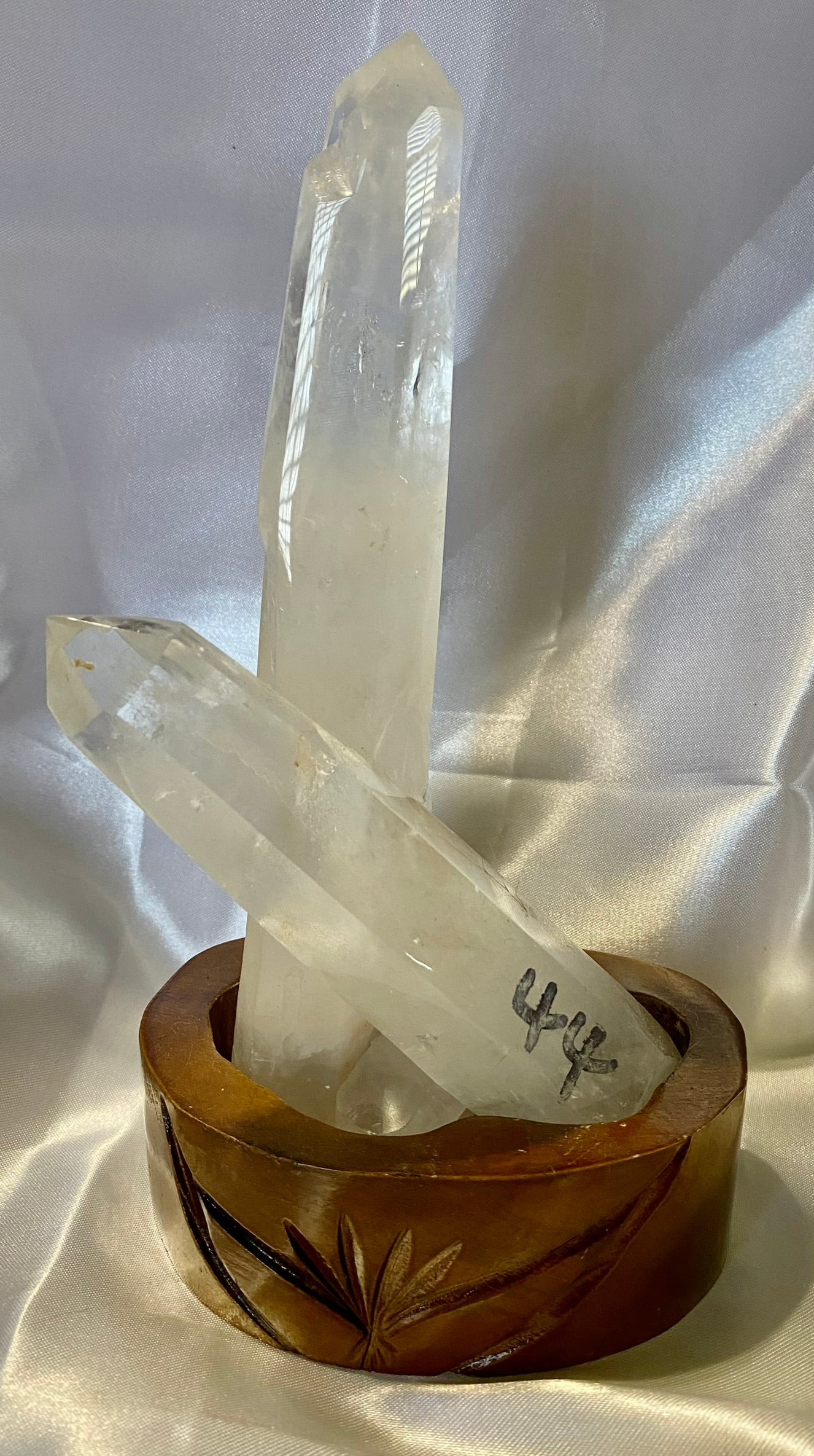 Clear Quartz Cluster with Custom-Carved Wooden Stand