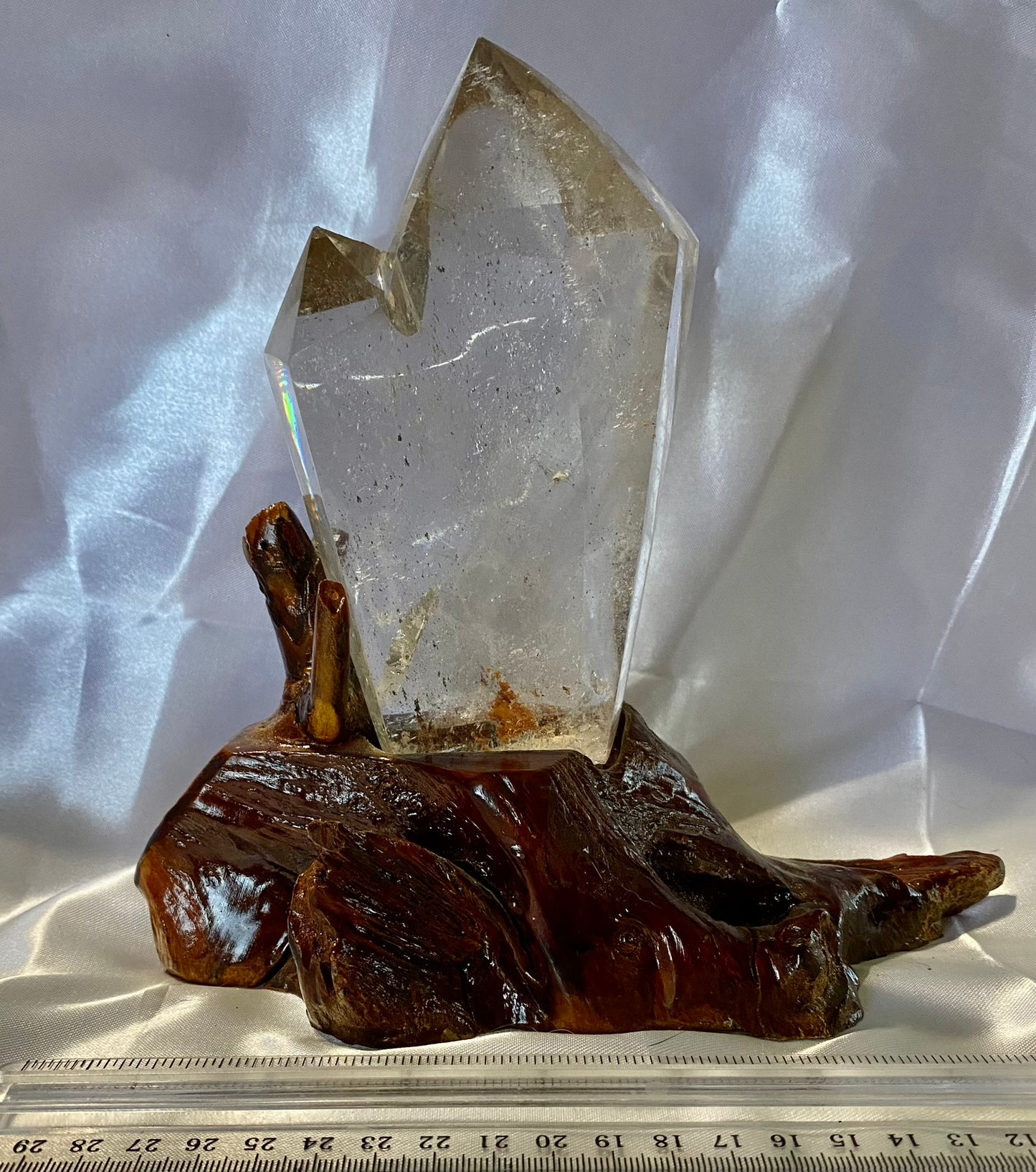 Clear Quartz Cluster or Double Tower with Custom-Carved Wooden Stand