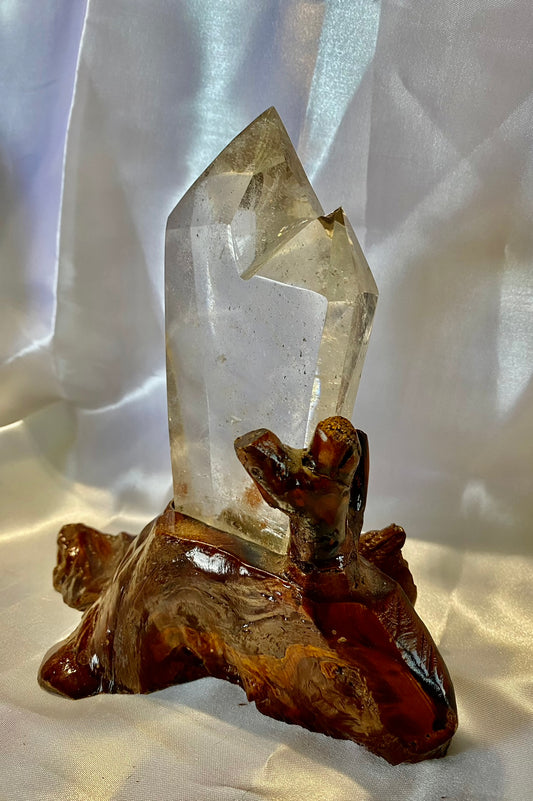 Clear Quartz Cluster or Double Tower with Custom-Carved Wooden Stand