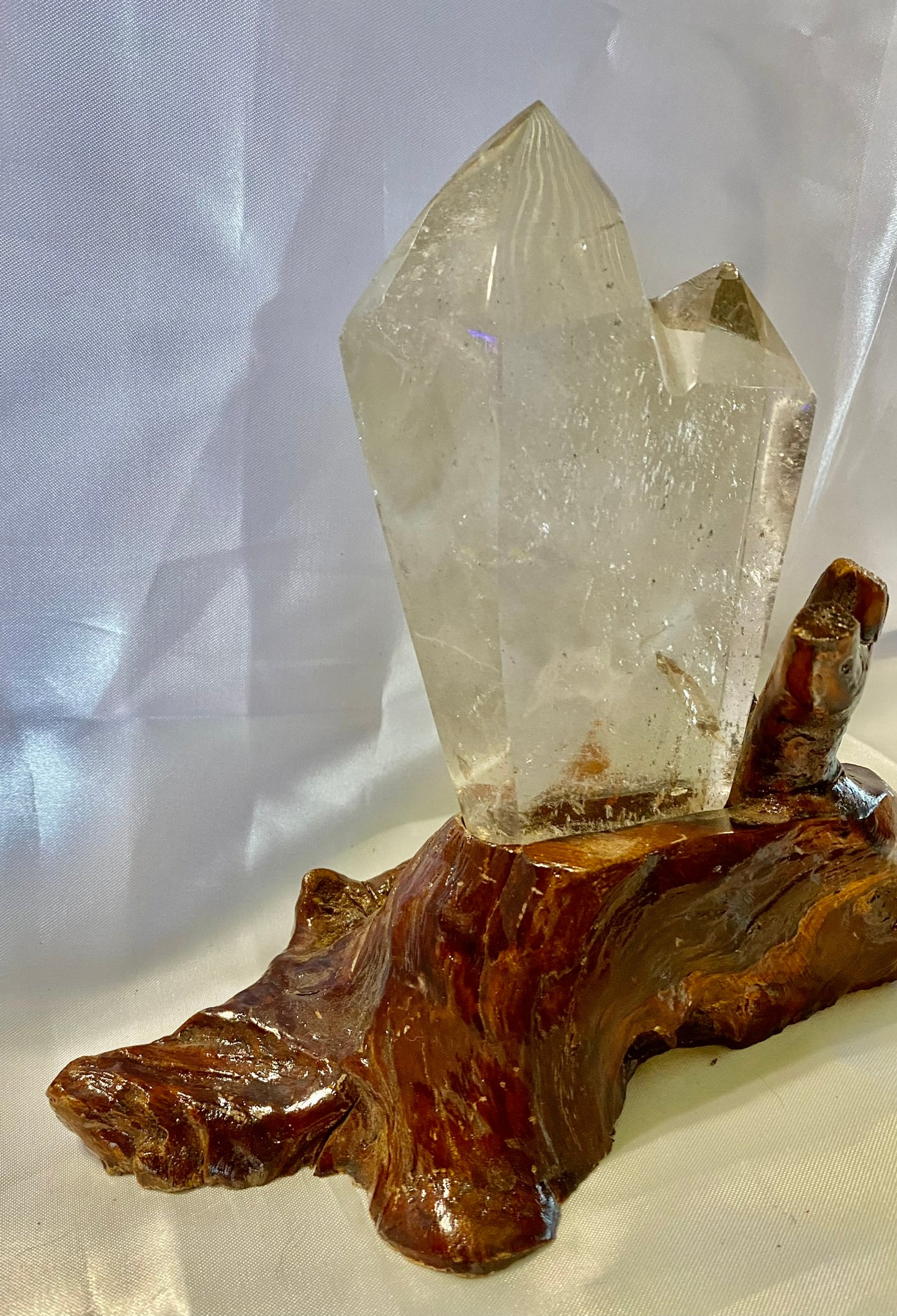 Clear Quartz Cluster or Double Tower with Custom-Carved Wooden Stand