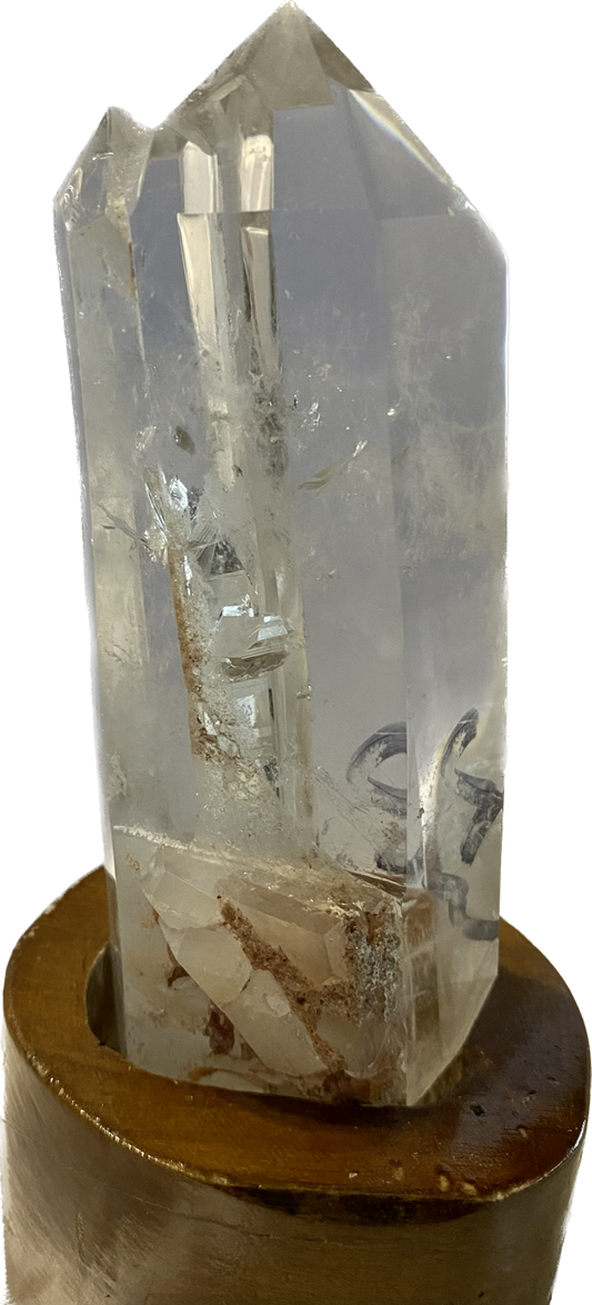 Clear Quartz Double Tower or Cluster with Custom-Carved Wooden Stand