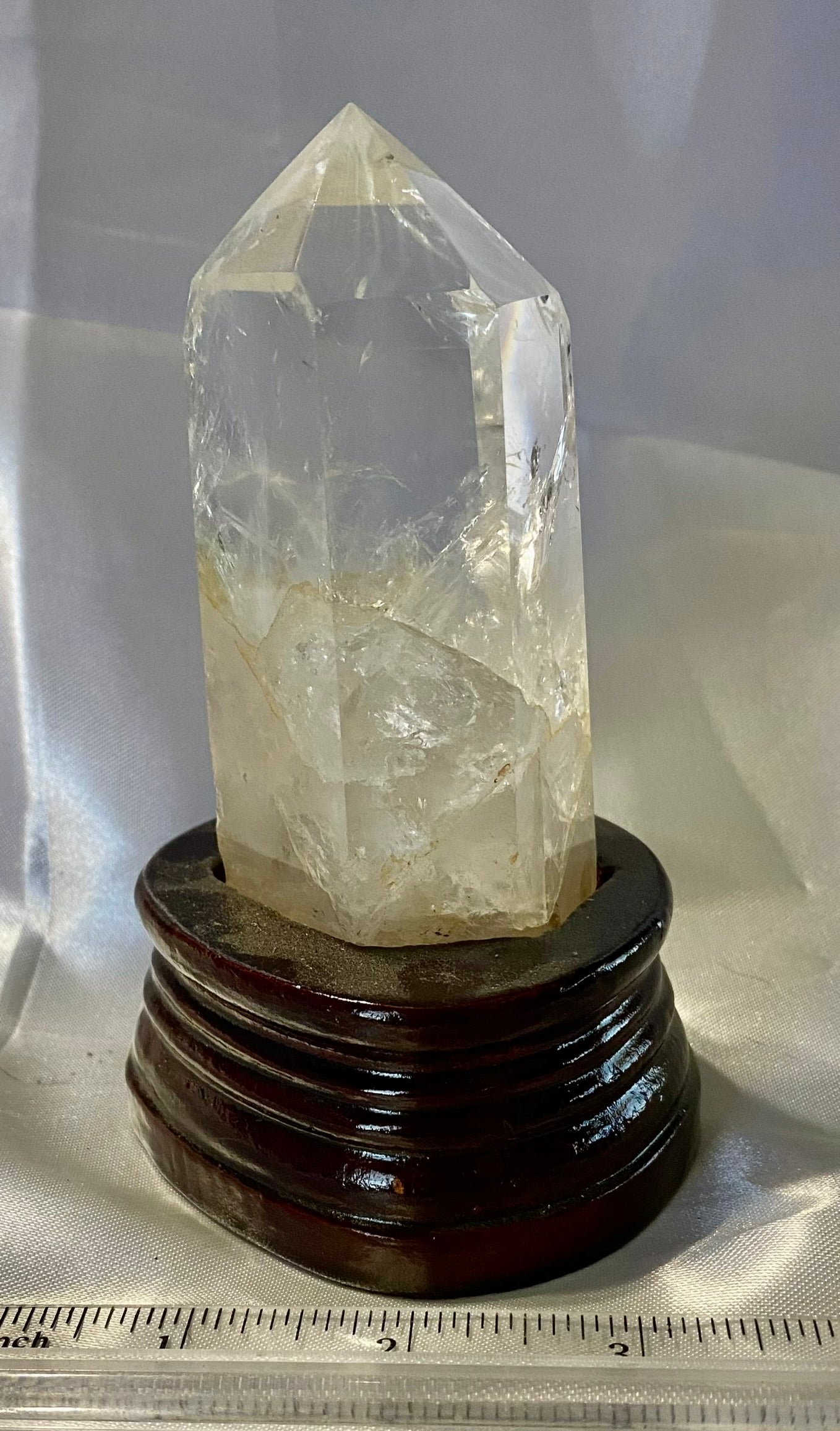 Clear Quartz Tower with Custom-Carved Wooden Stand