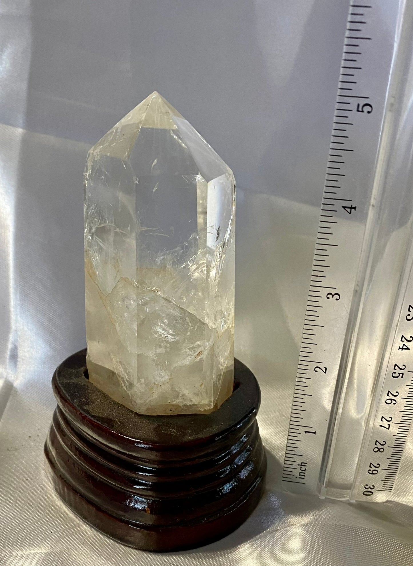 Clear Quartz Tower with Custom-Carved Wooden Stand