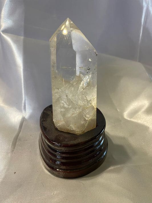 Clear Quartz Tower with Custom-Carved Wooden Stand