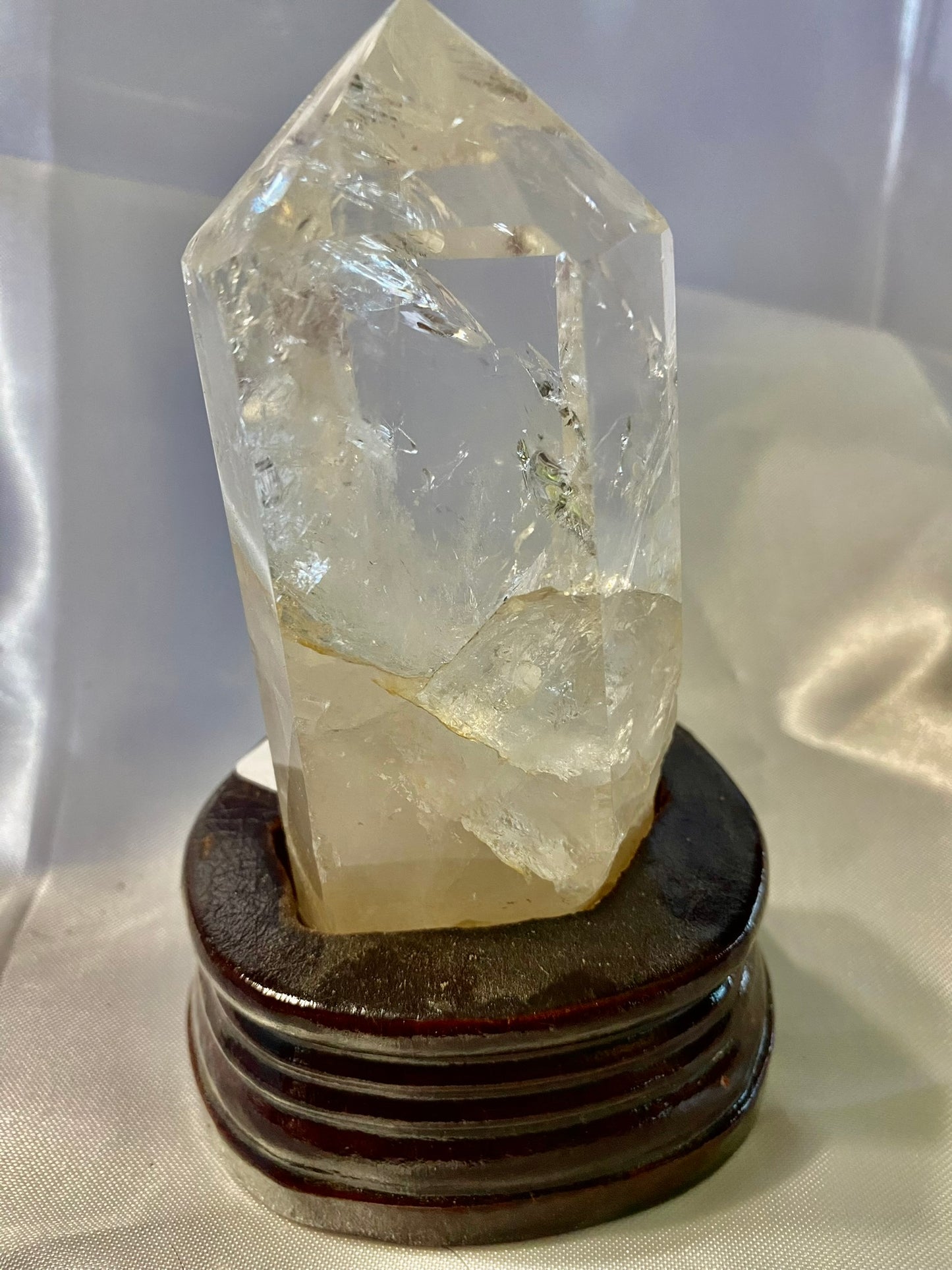 Clear Quartz Tower with Custom-Carved Wooden Stand