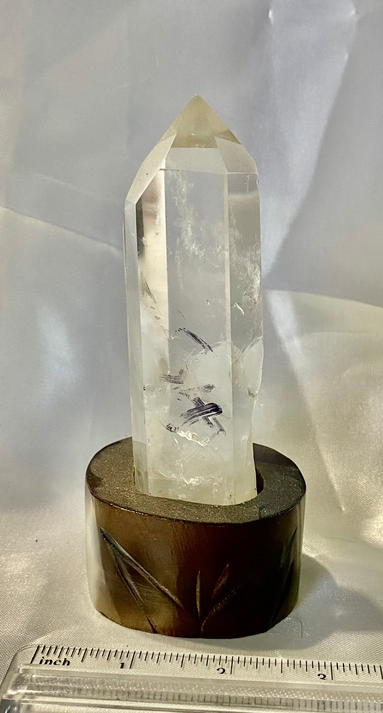 Clear Quartz Tower with Custom-Carved Wooden Stand