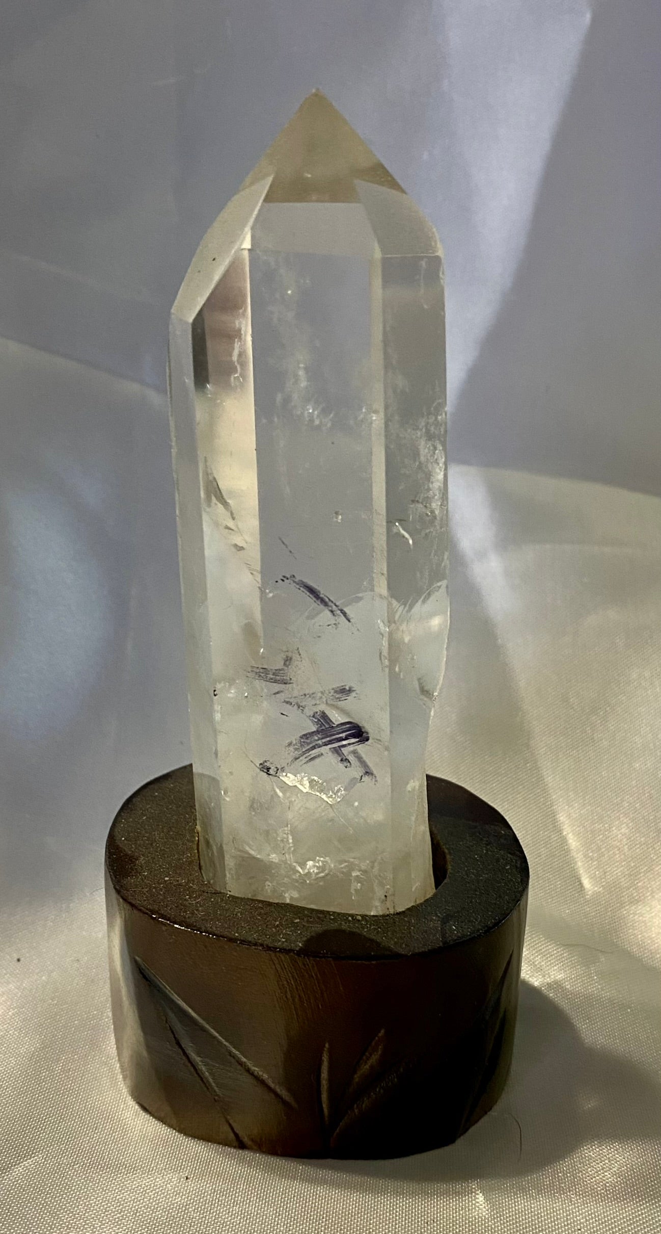 Clear Quartz Tower with Custom-Carved Wooden Stand