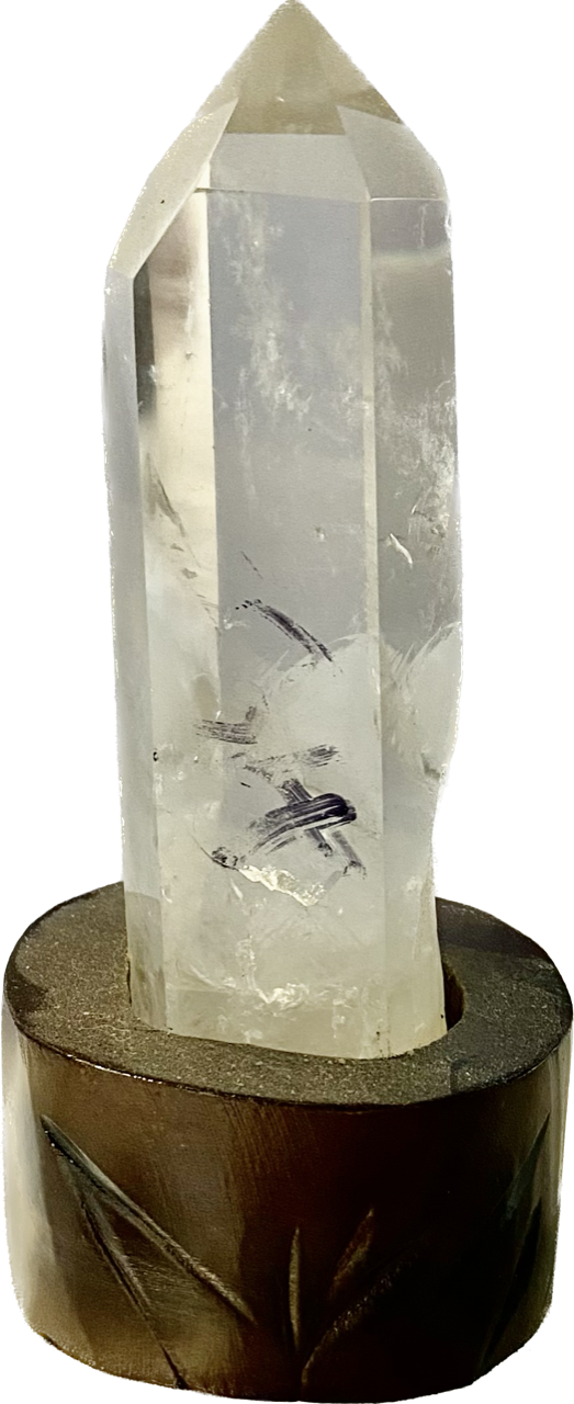 Clear Quartz Tower with Custom-Carved Wooden Stand