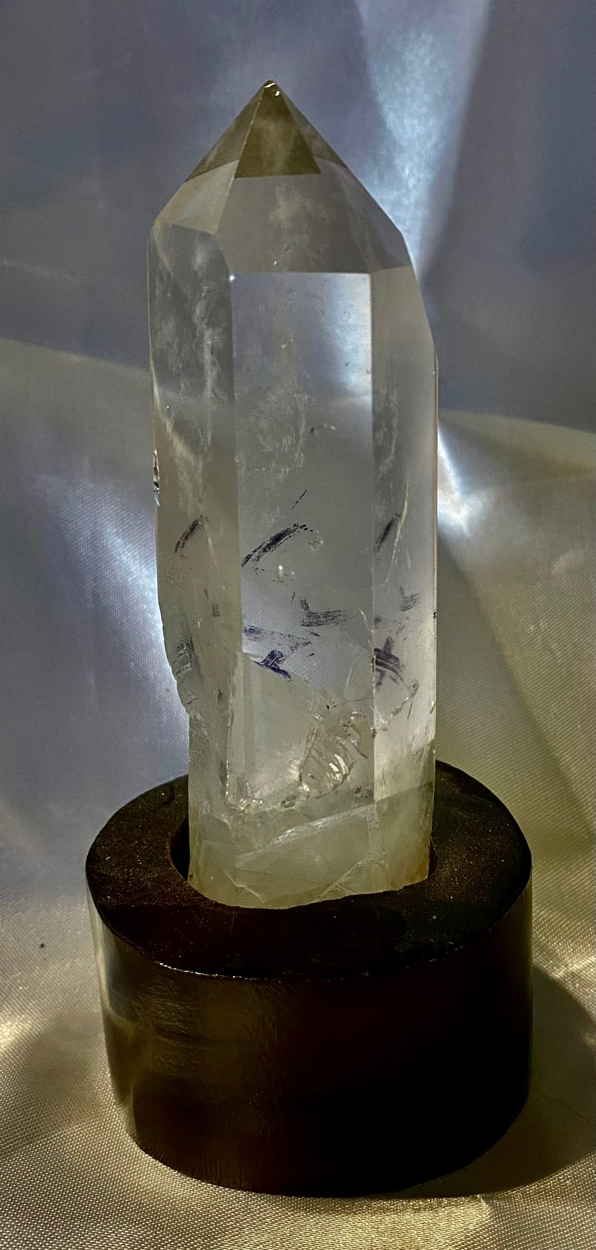 Clear Quartz Tower with Custom-Carved Wooden Stand