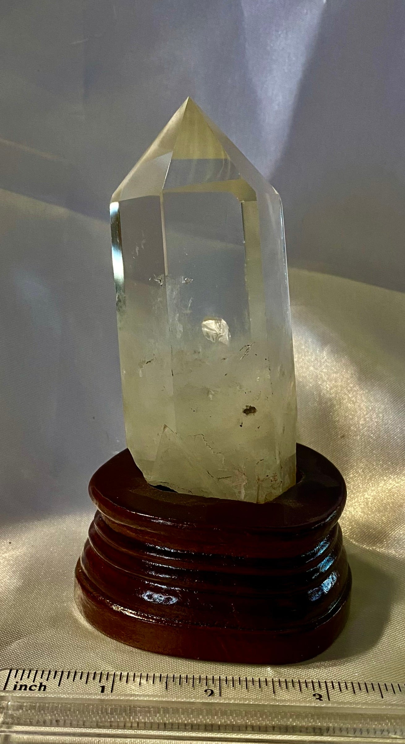 Clear Quartz Tower with Custom-Carved Wooden Stand