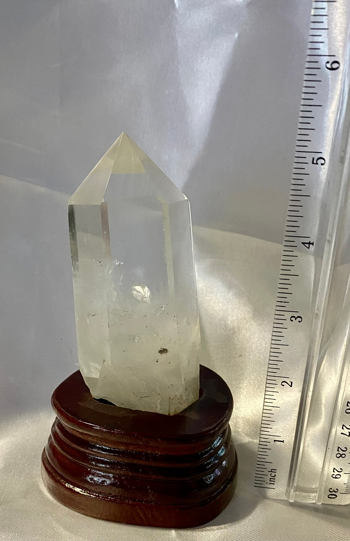 Clear Quartz Tower with Custom-Carved Wooden Stand