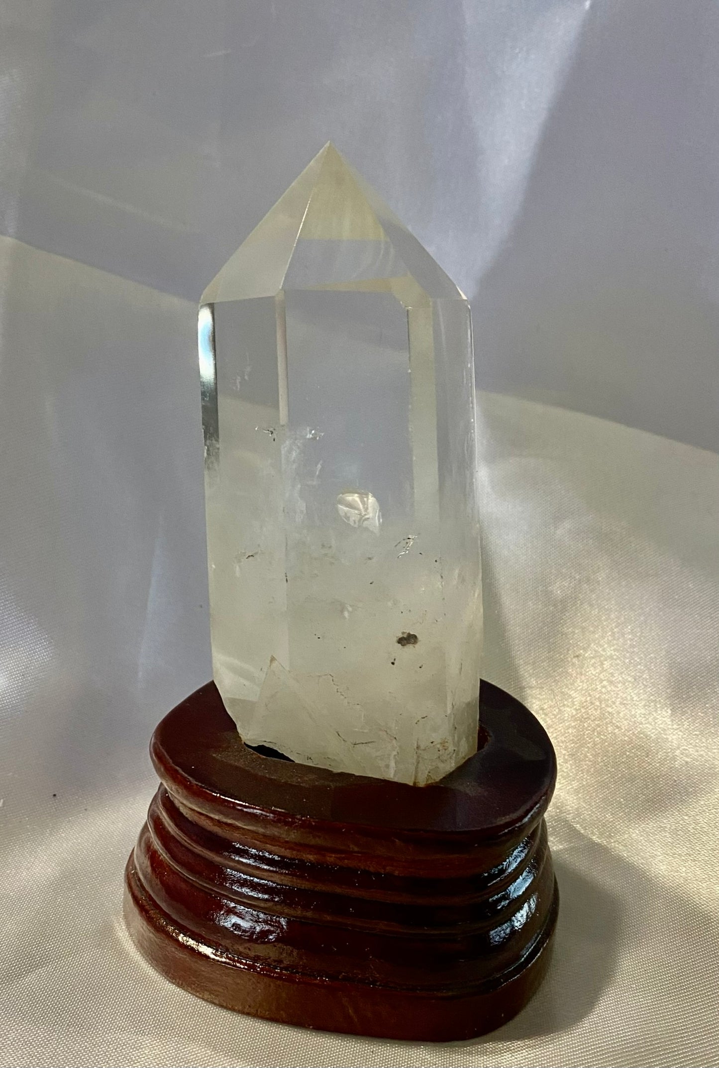 Clear Quartz Tower with Custom-Carved Wooden Stand