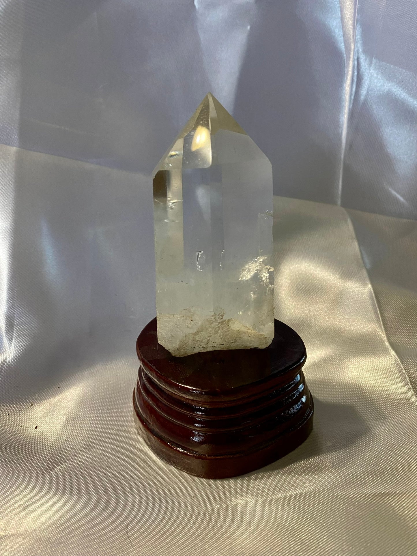 Clear Quartz Tower with Custom-Carved Wooden Stand