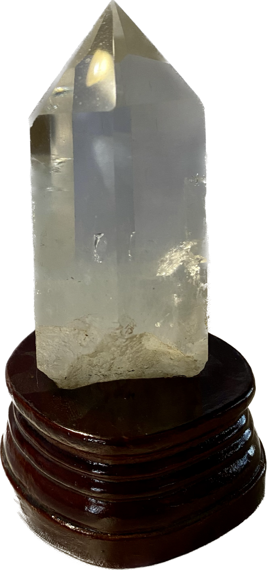 Clear Quartz Tower with Custom-Carved Wooden Stand