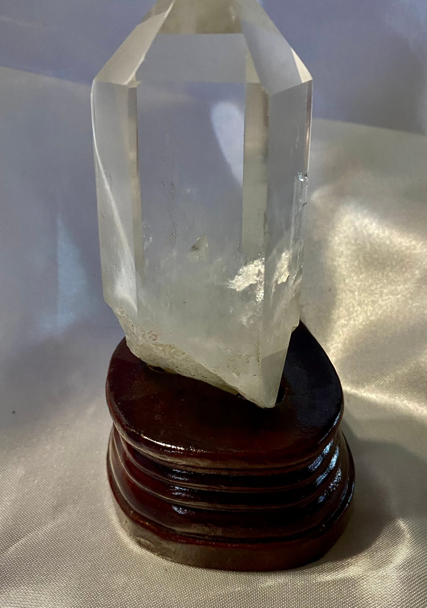 Clear Quartz Tower with Custom-Carved Wooden Stand