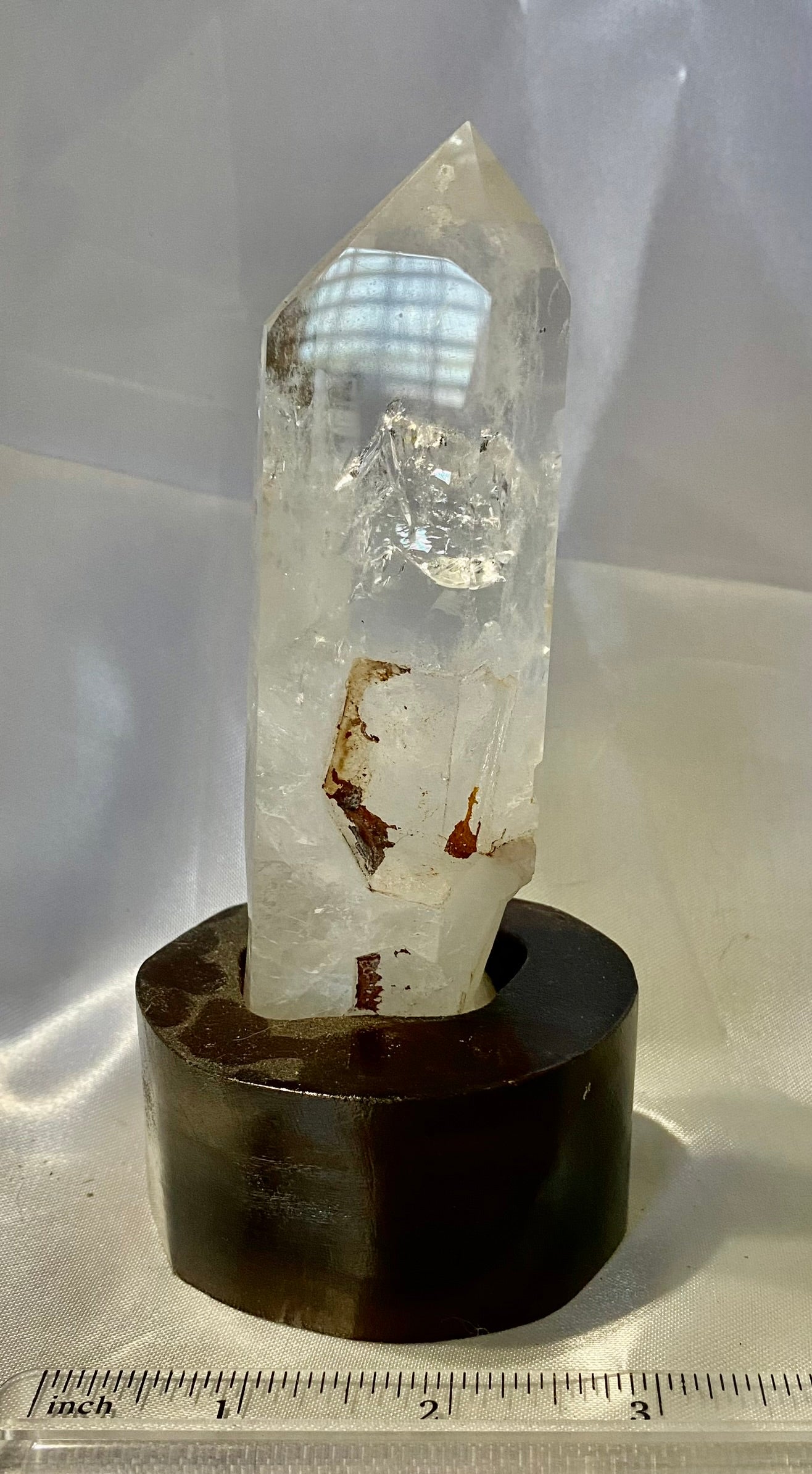 Clear Quartz Tower with Custom-Carved Wooden Stand