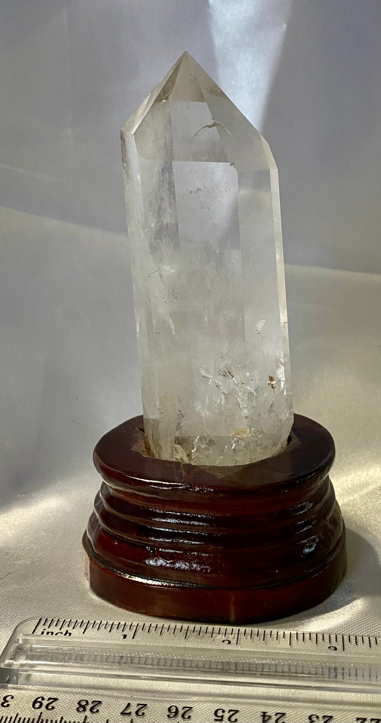 Clear Quartz Tower with Custom-Carved Wooden Stand