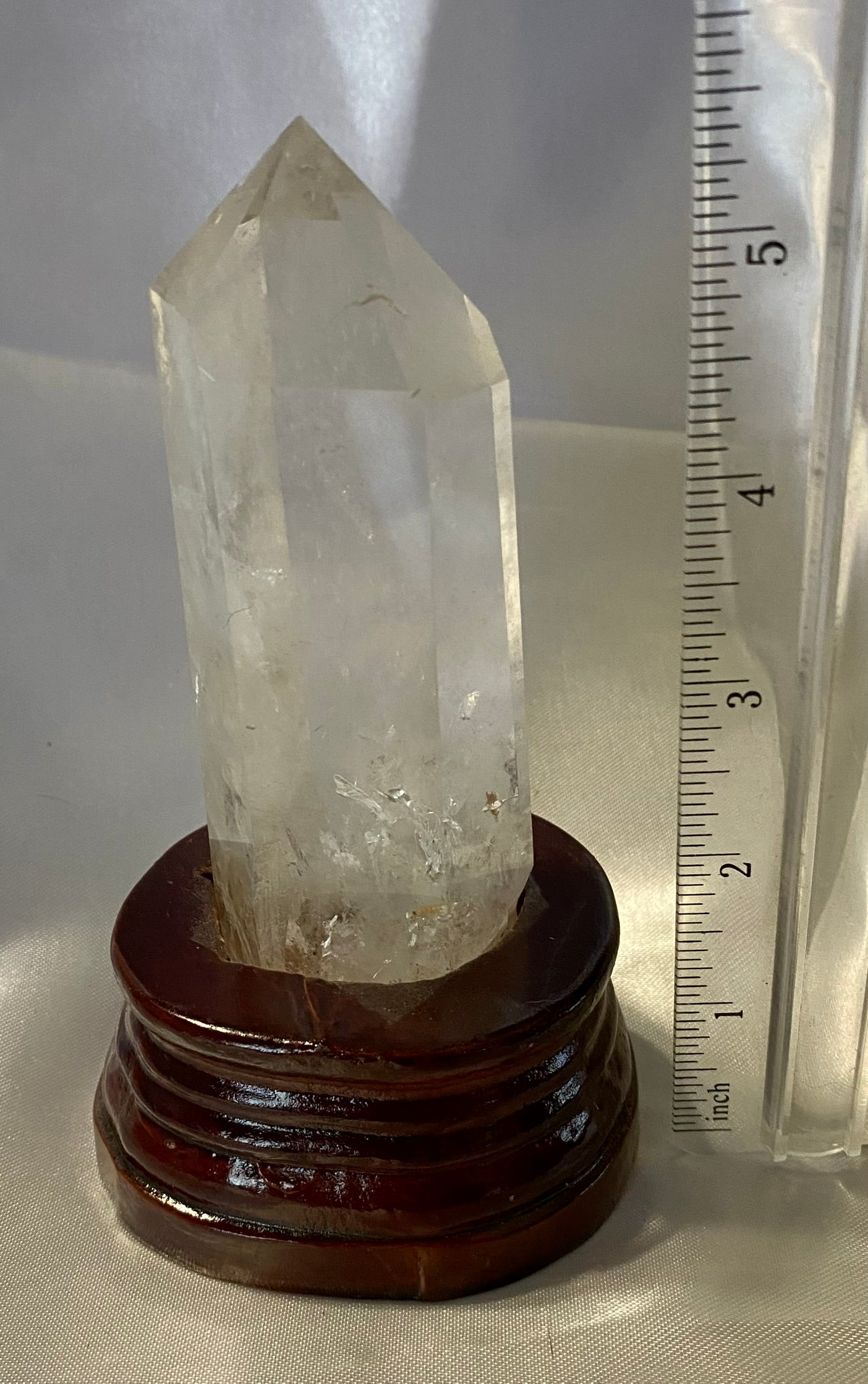 Clear Quartz Tower with Custom-Carved Wooden Stand