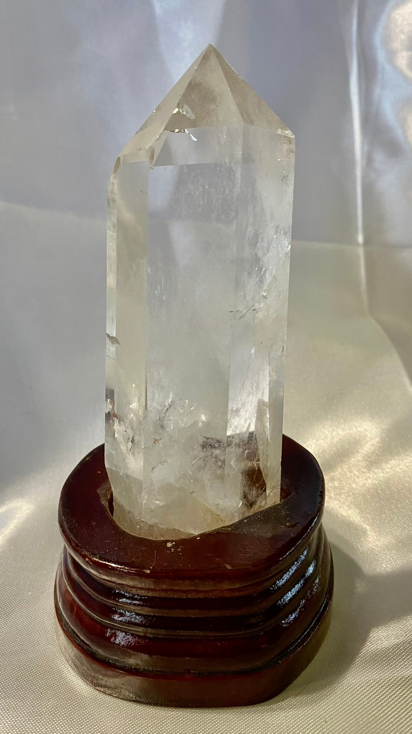 Clear Quartz Tower with Custom-Carved Wooden Stand