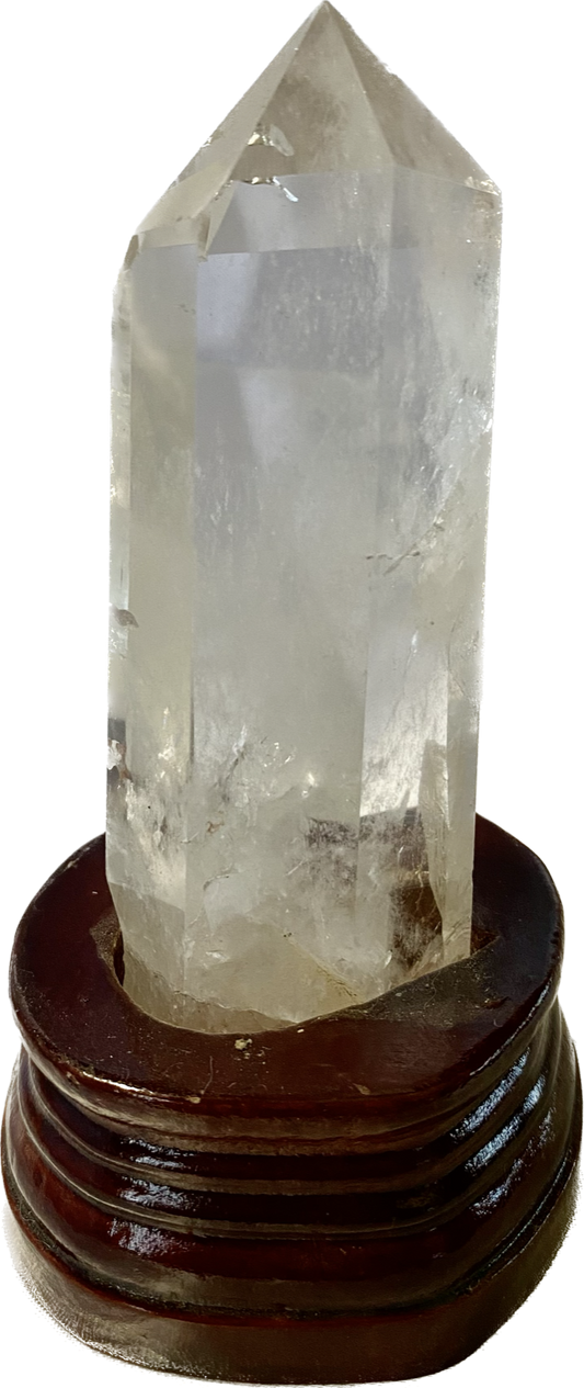 Clear Quartz Tower with Custom-Carved Wooden Stand