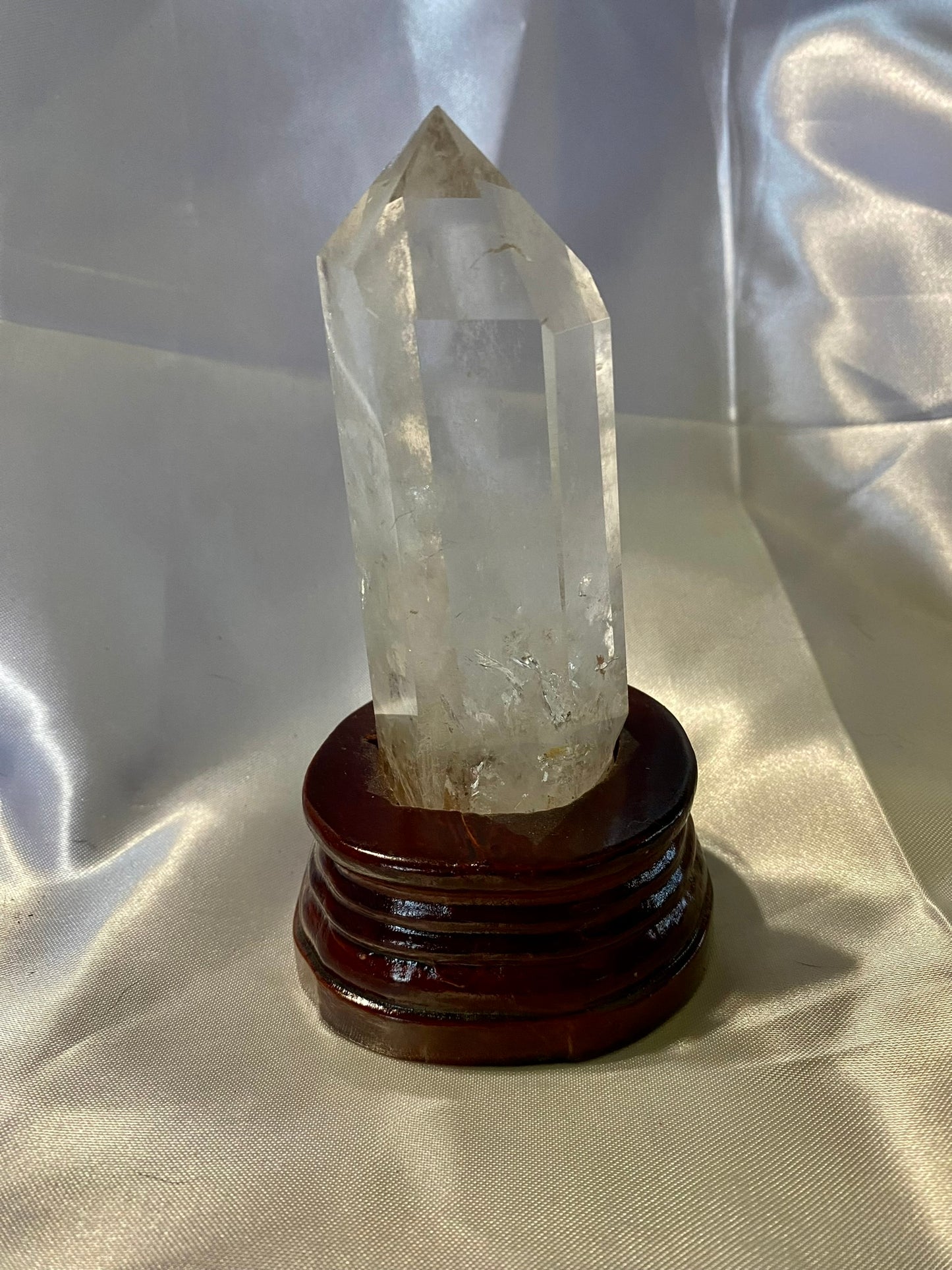 Clear Quartz Tower with Custom-Carved Wooden Stand