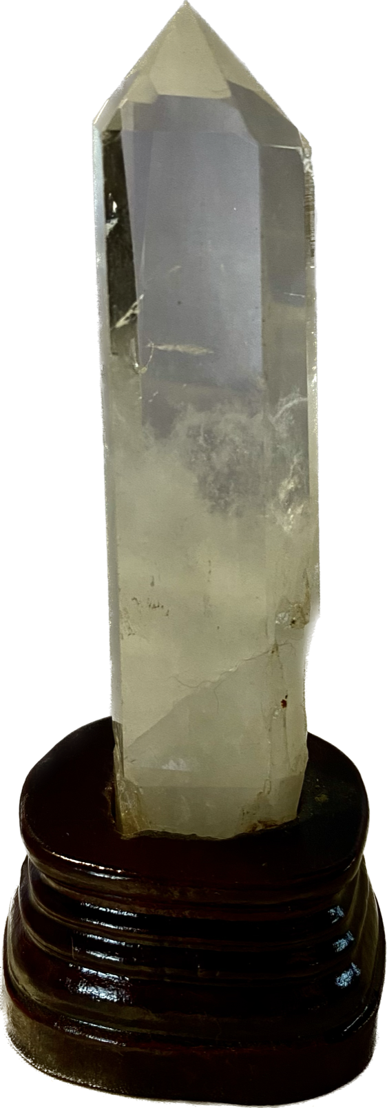 Clear Quartz Tower with Custom-Carved Wooden Stand