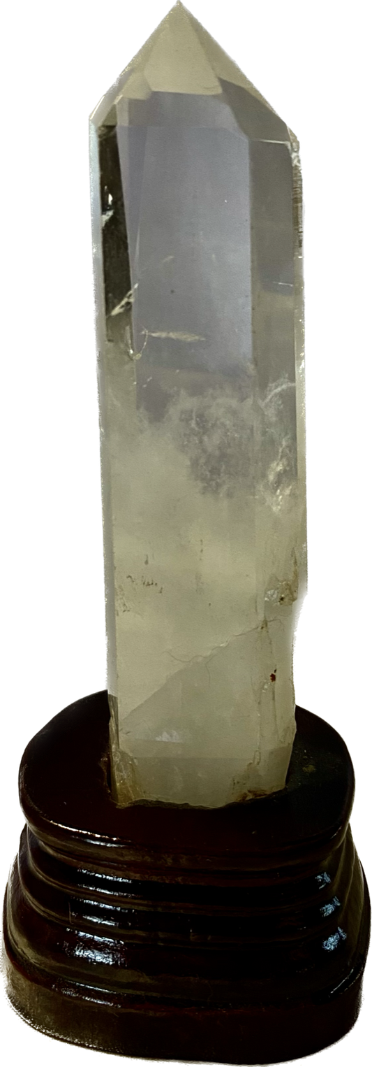 Clear Quartz Tower with Custom-Carved Wooden Stand