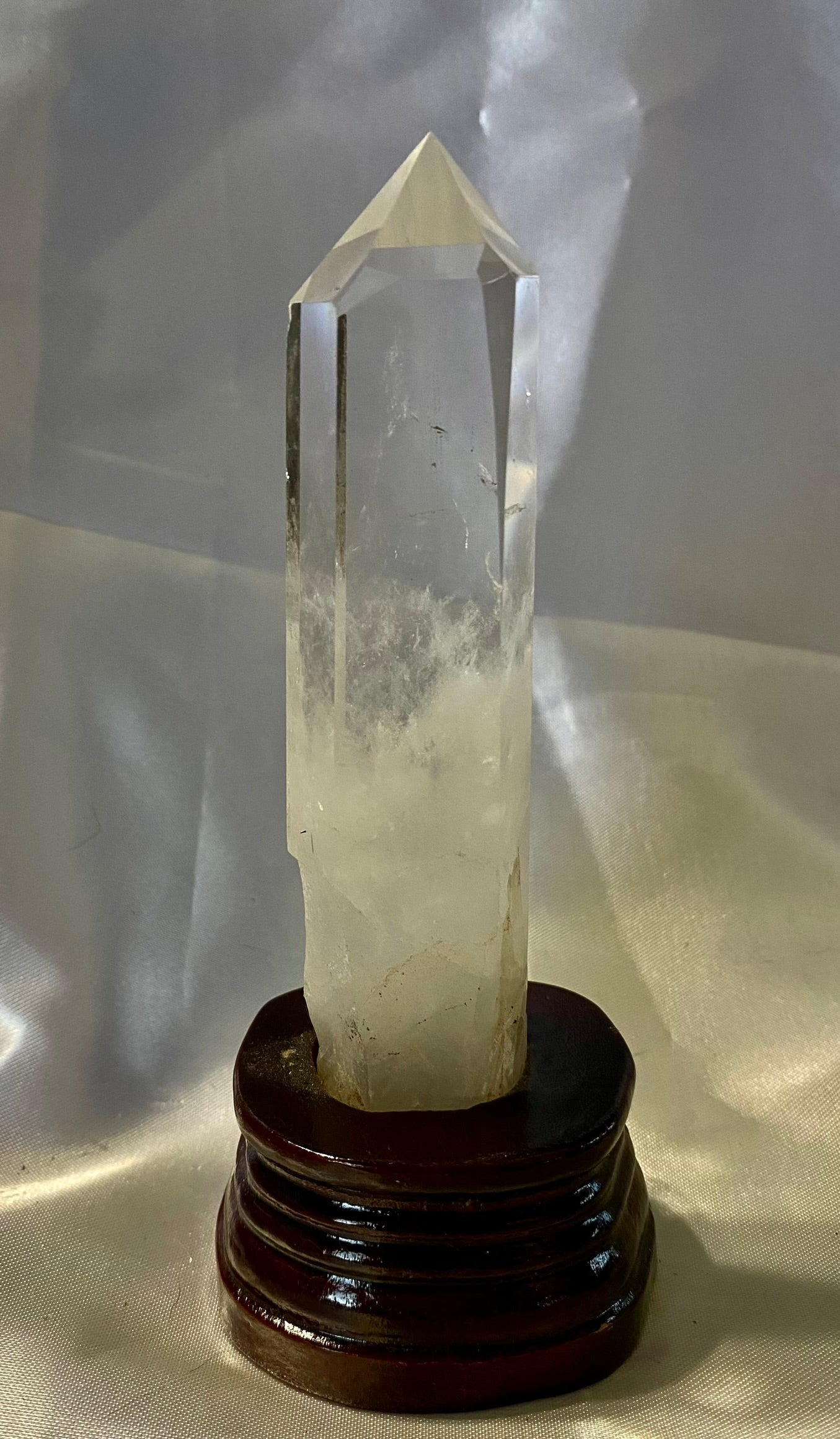 Clear Quartz Tower with Custom-Carved Wooden Stand