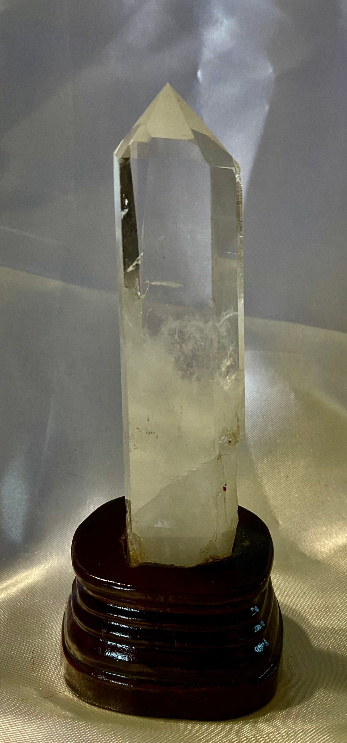 Clear Quartz Tower with Custom-Carved Wooden Stand