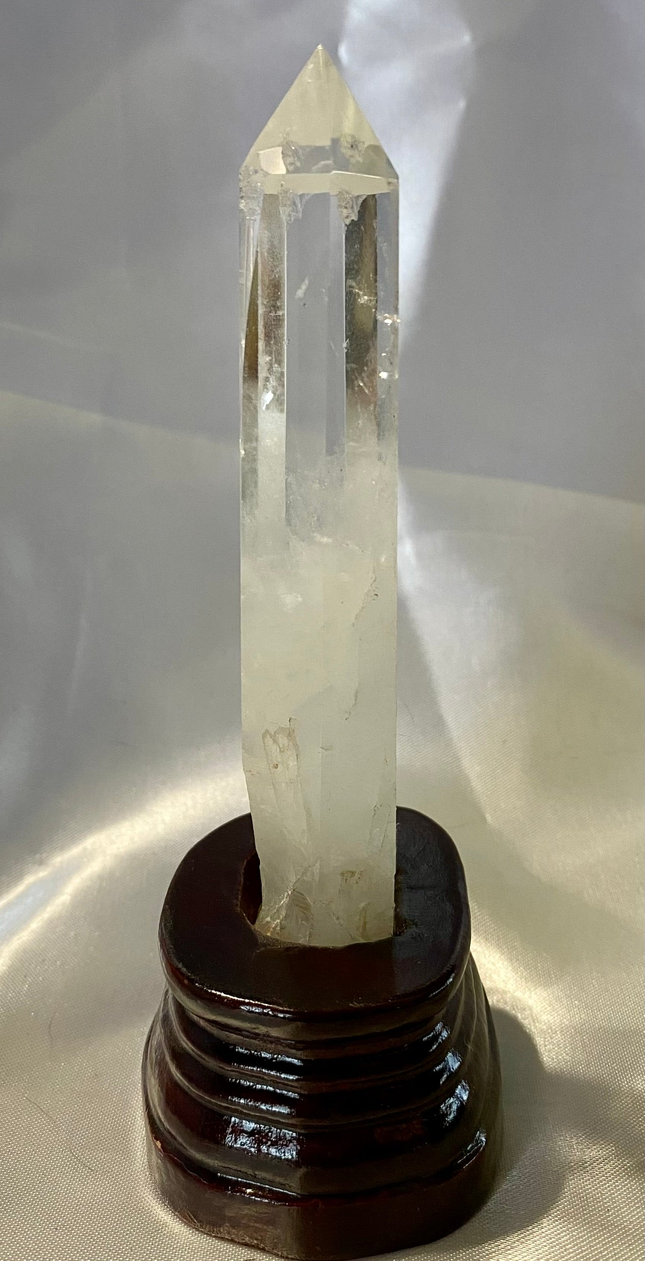 Clear Quartz Tower with Custom-Carved Wooden Stand