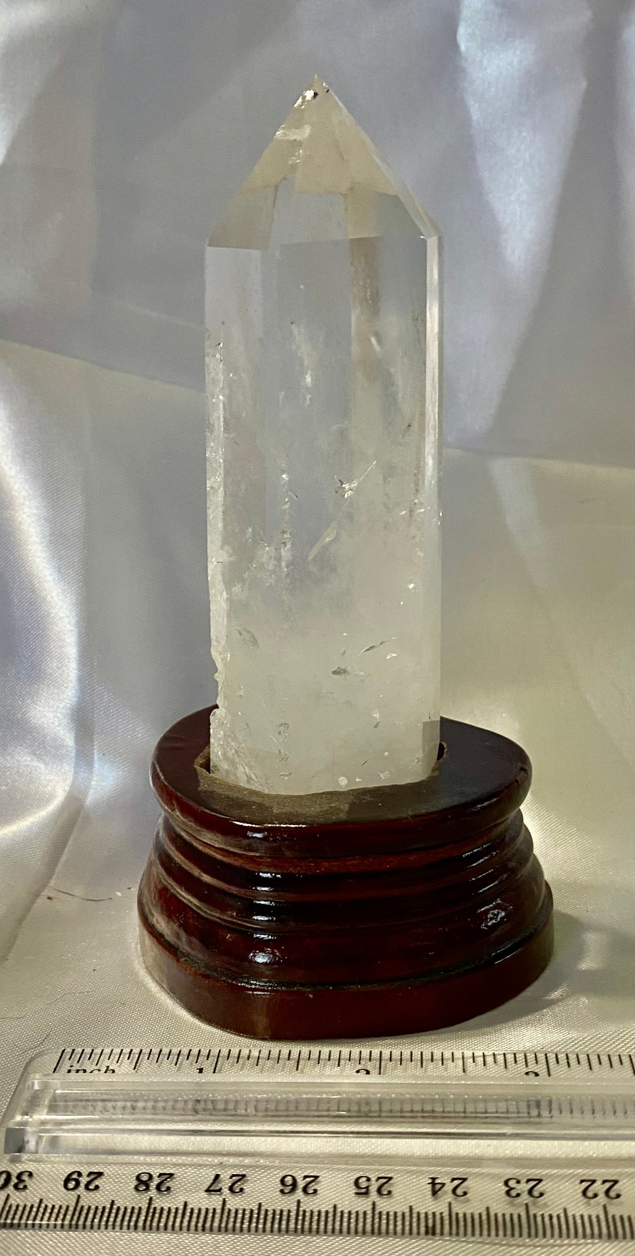 Clear Quartz Tower with Custom-Carved Wooden Stand